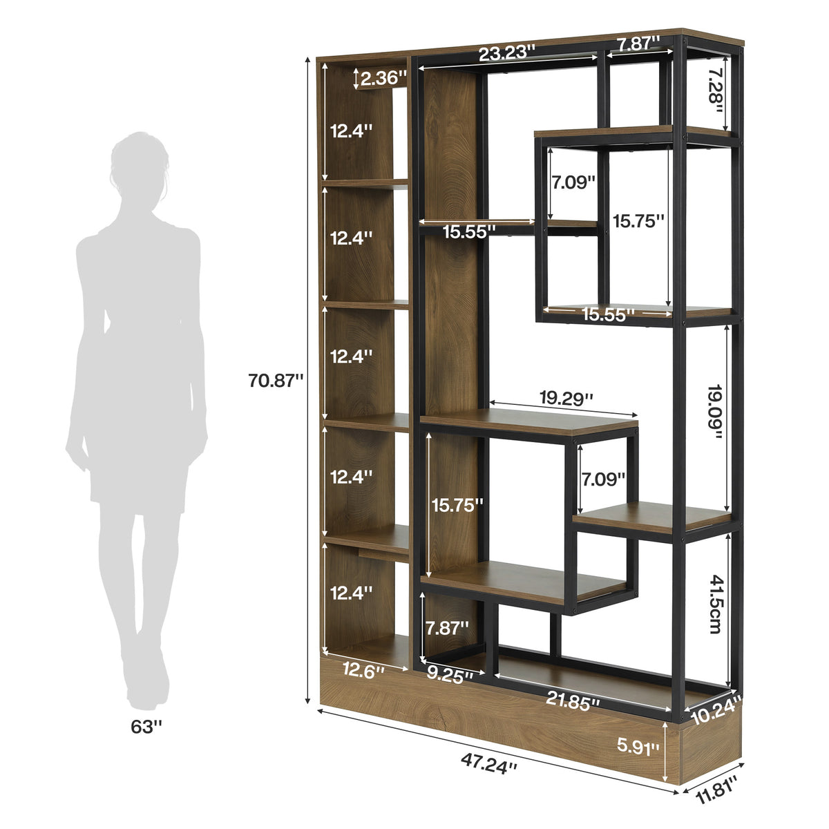 70.9" Wall Room Divider, Industrial Privacy Screen Partition with Open Shelves & Metal Frame