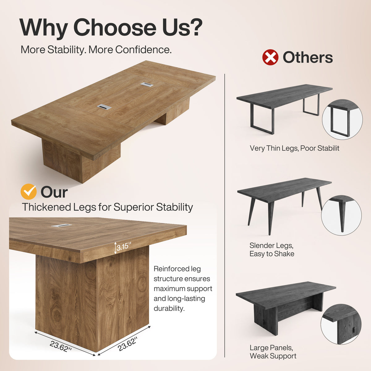 95" Conference Table with Pedestal Base, 8FT Wood Office Meeting Table, Cable Grommets