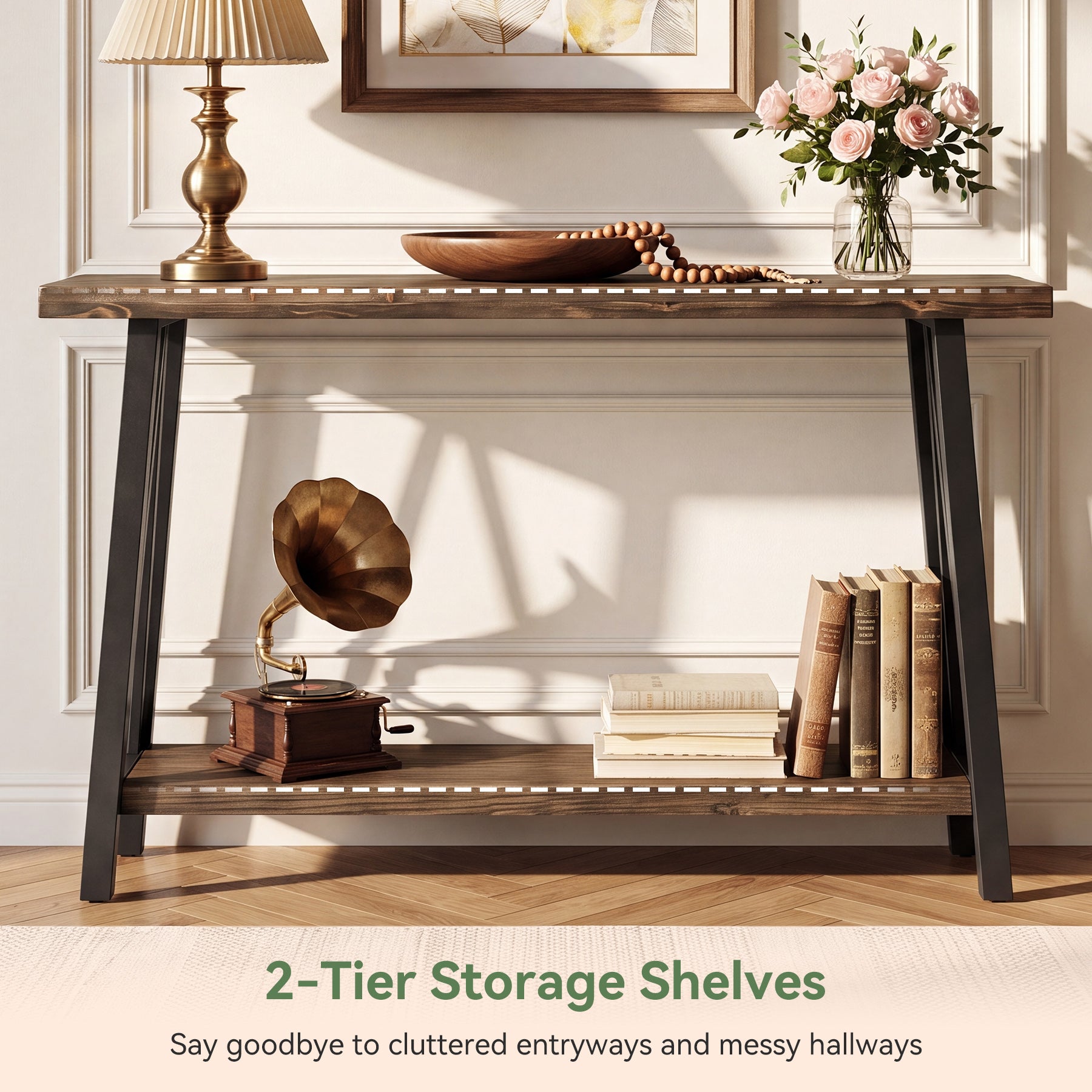 41.3" Live-Edge Solid Wood Console Table, 2-Tier Entryway Table with Metal Frame