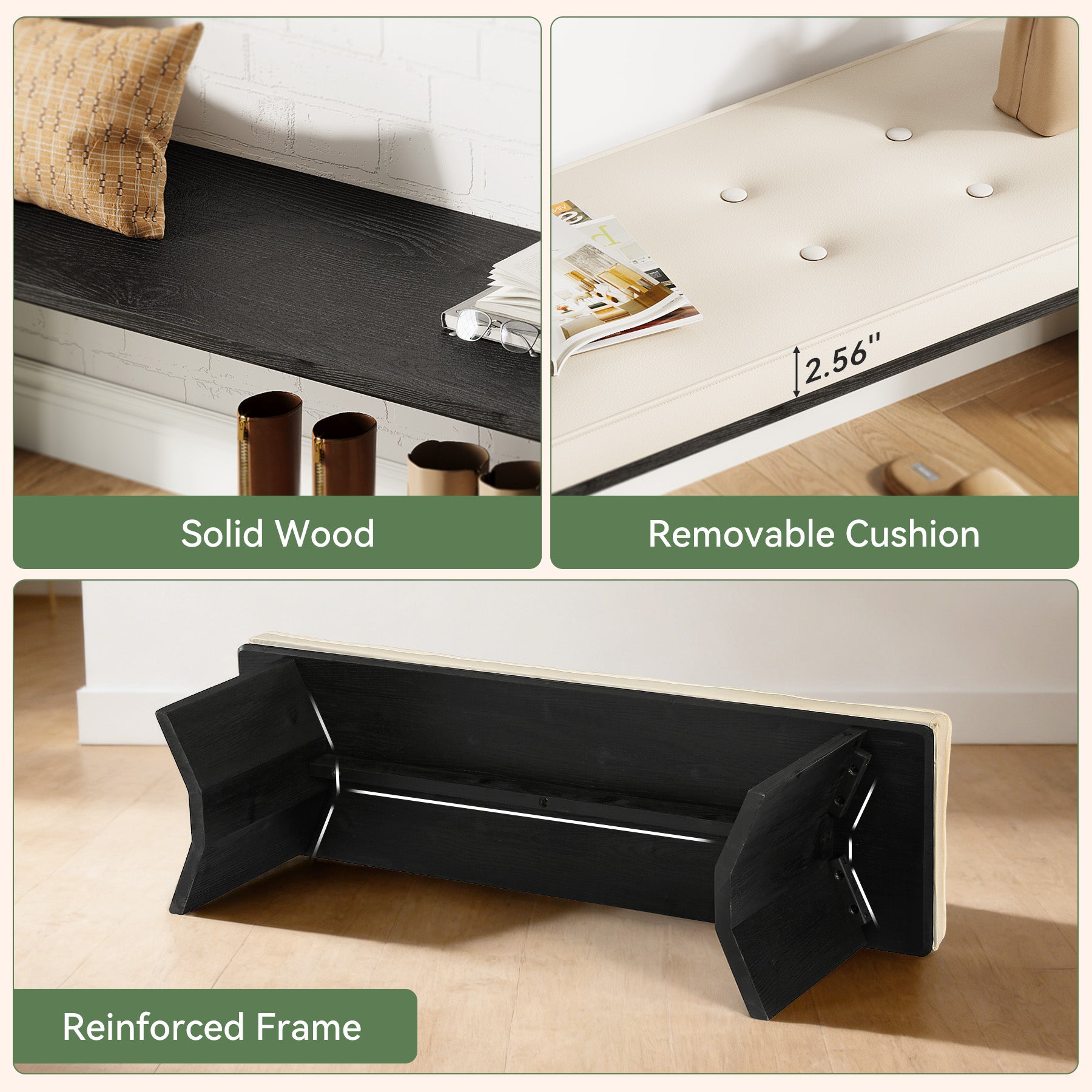 55" Solid Wood Dining Bench with Removable Cushion For Dining Room