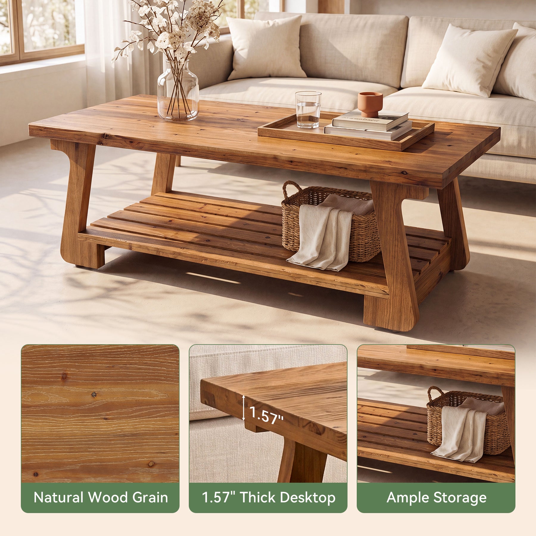 55" Solid Wood Coffee Table, 2-Tier Center Tea Table with Storage Shelf for Living Room