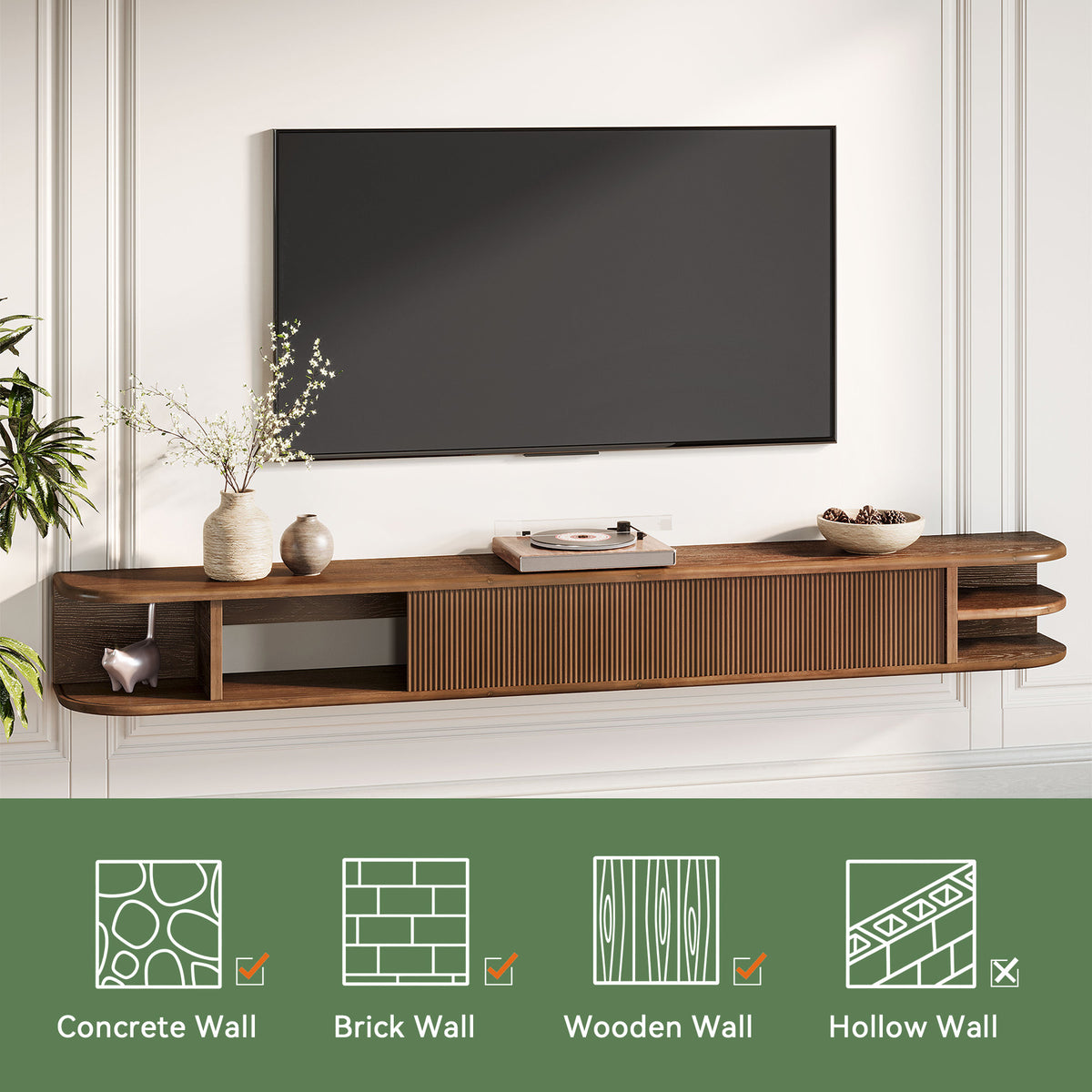 71" Floating TV Stand with Fluted Doors, Solid Wood Media Console with Cable Management for 50-90" TVs