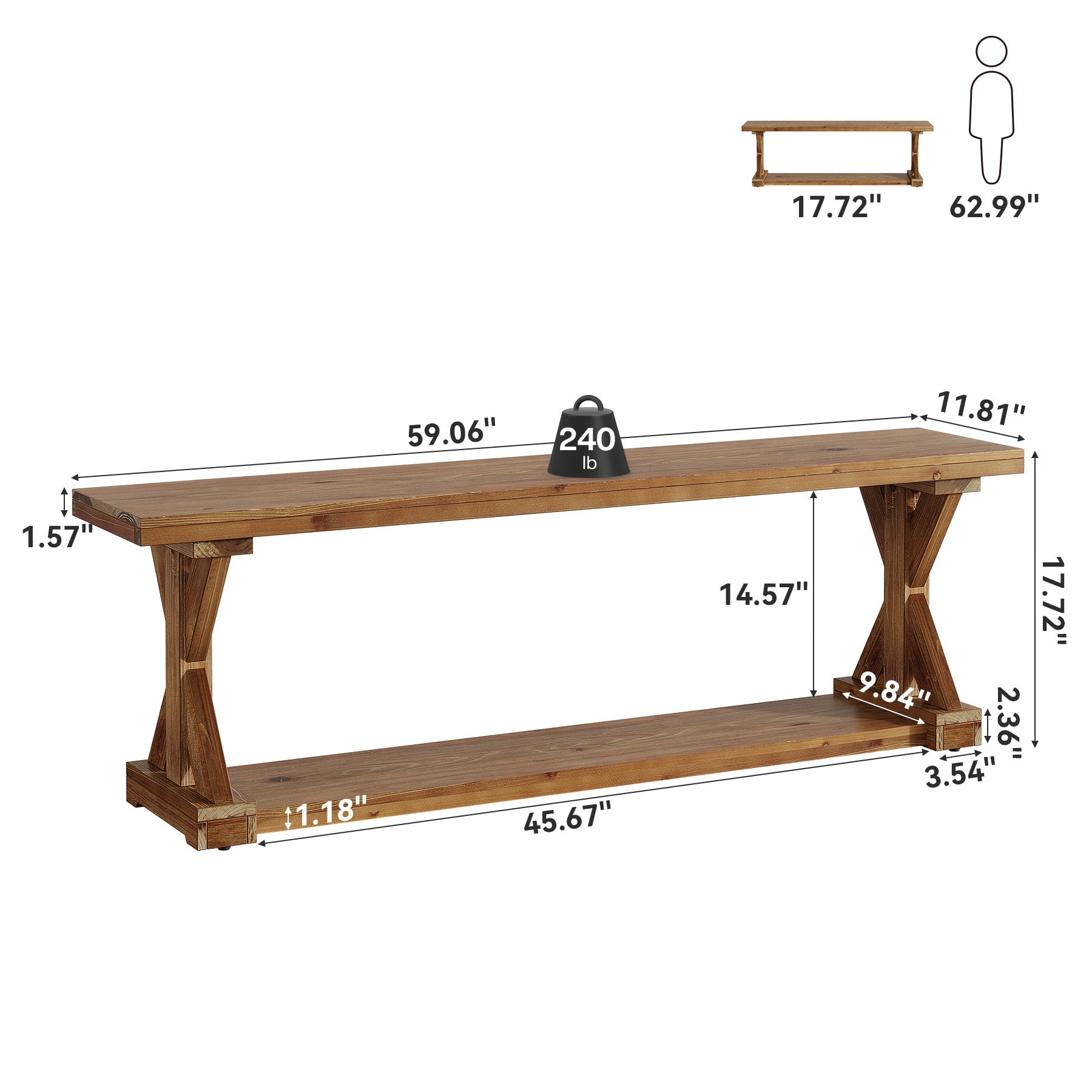 59" Solid Wood Dining Bench, 2-Tier Wooden Storage Bench for Dining Room