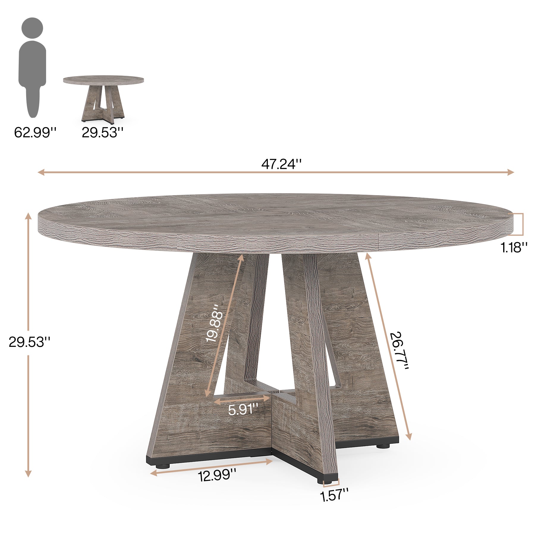 47" Round Farmhouse Dining Table for 4 People, Rustic Dining Room Table