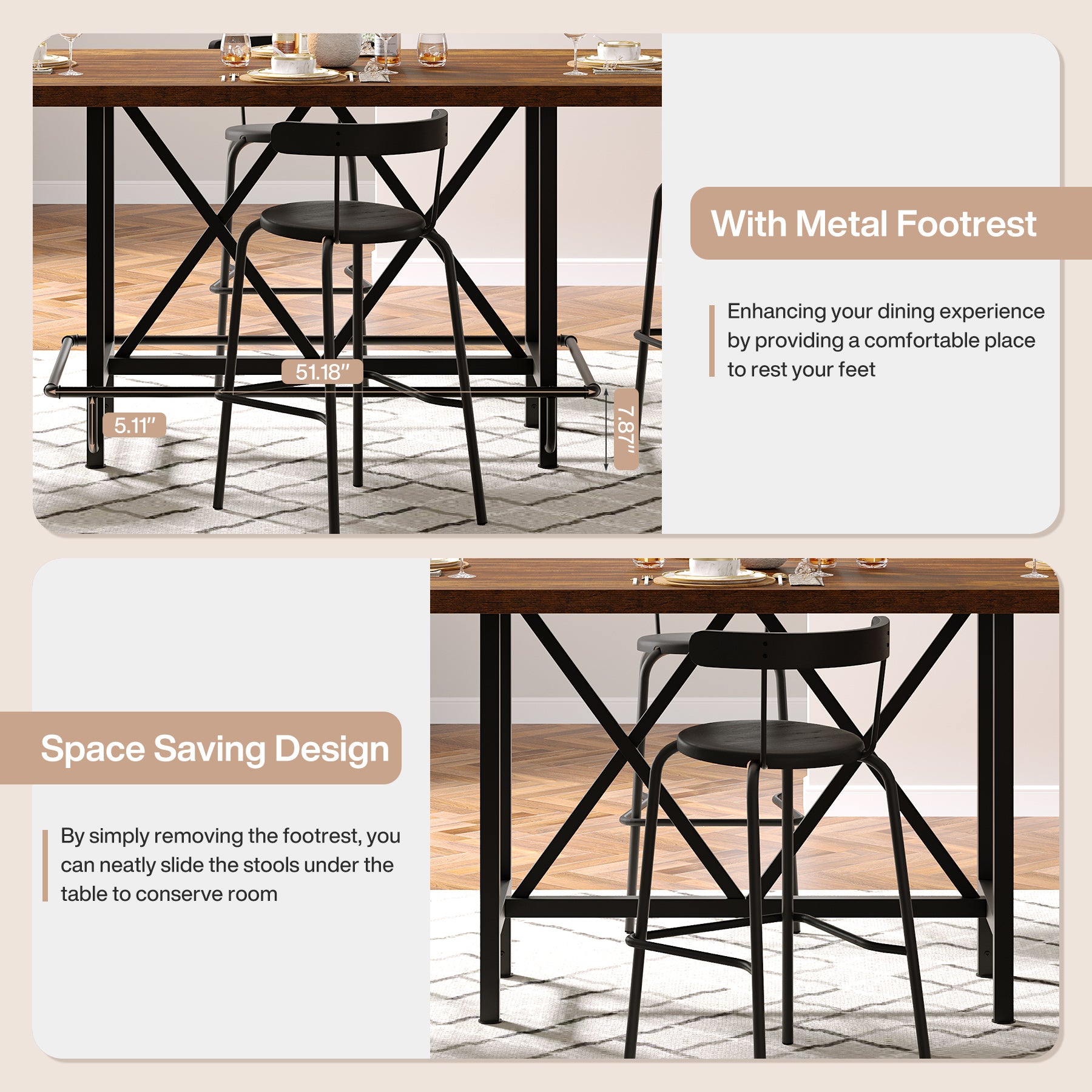 63" Rectangular Dining Table for 6, Counter-Height Kitchen Table with Metal Legs