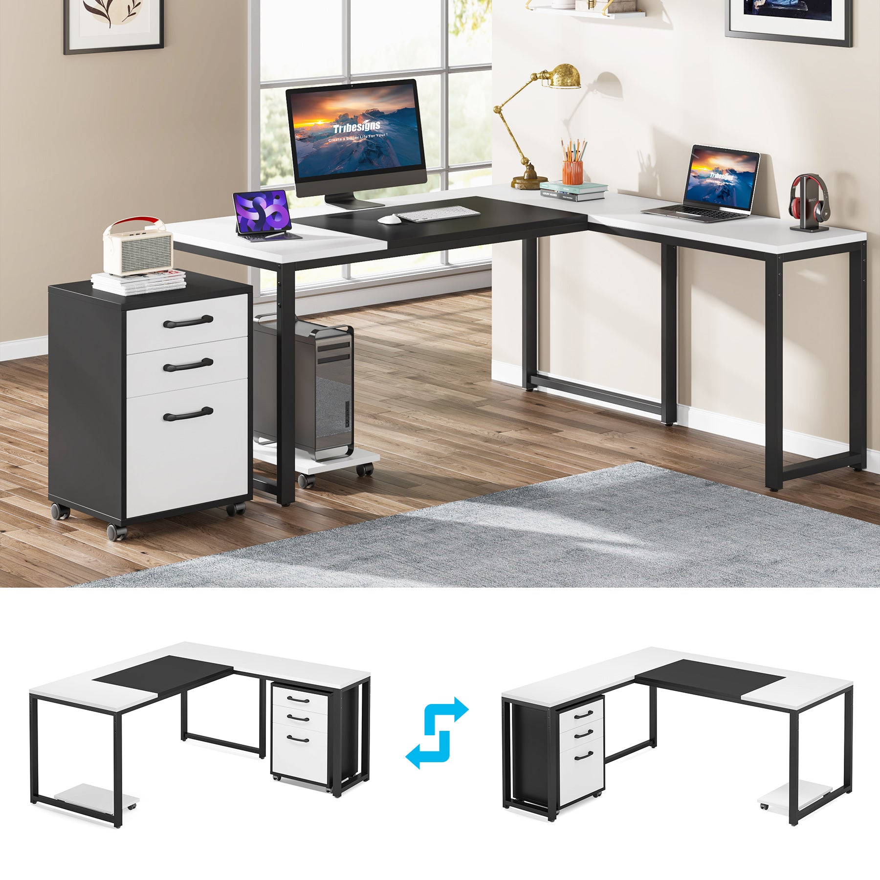 L-Shaped Computer Desk, 63" Executive Desk with Mobile File Cabinet