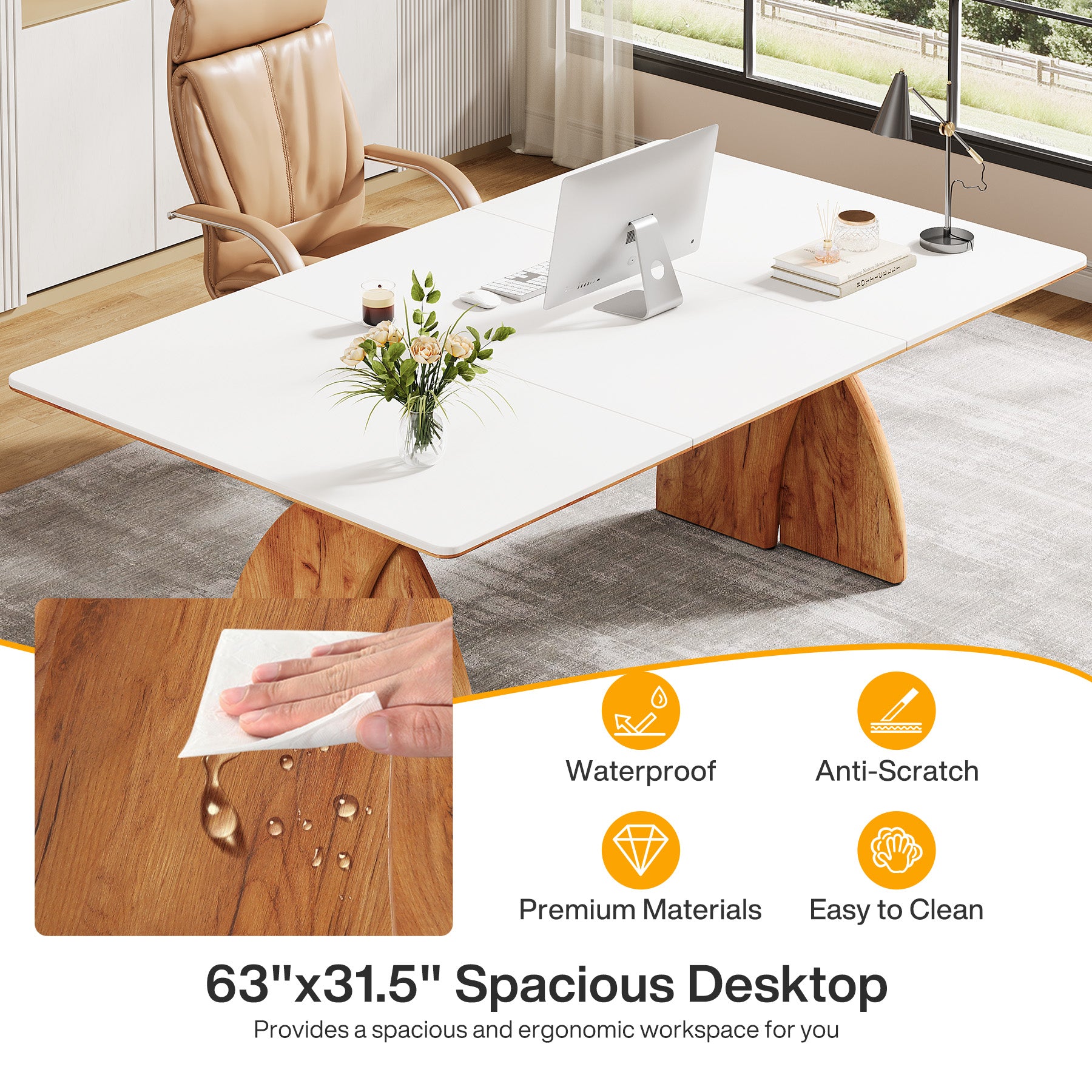 63" Executive Desk, Modern Computer Desk with Heavy Duty Legs