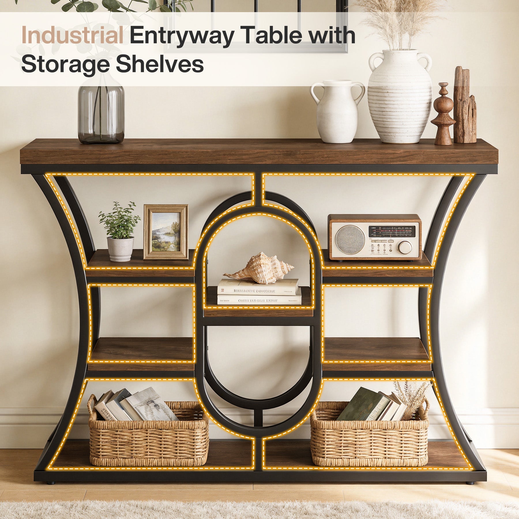 41.3" Industrial Console Table with 5-Tier Shelves, Narrow Entryway Sofa Table for Small Spaces