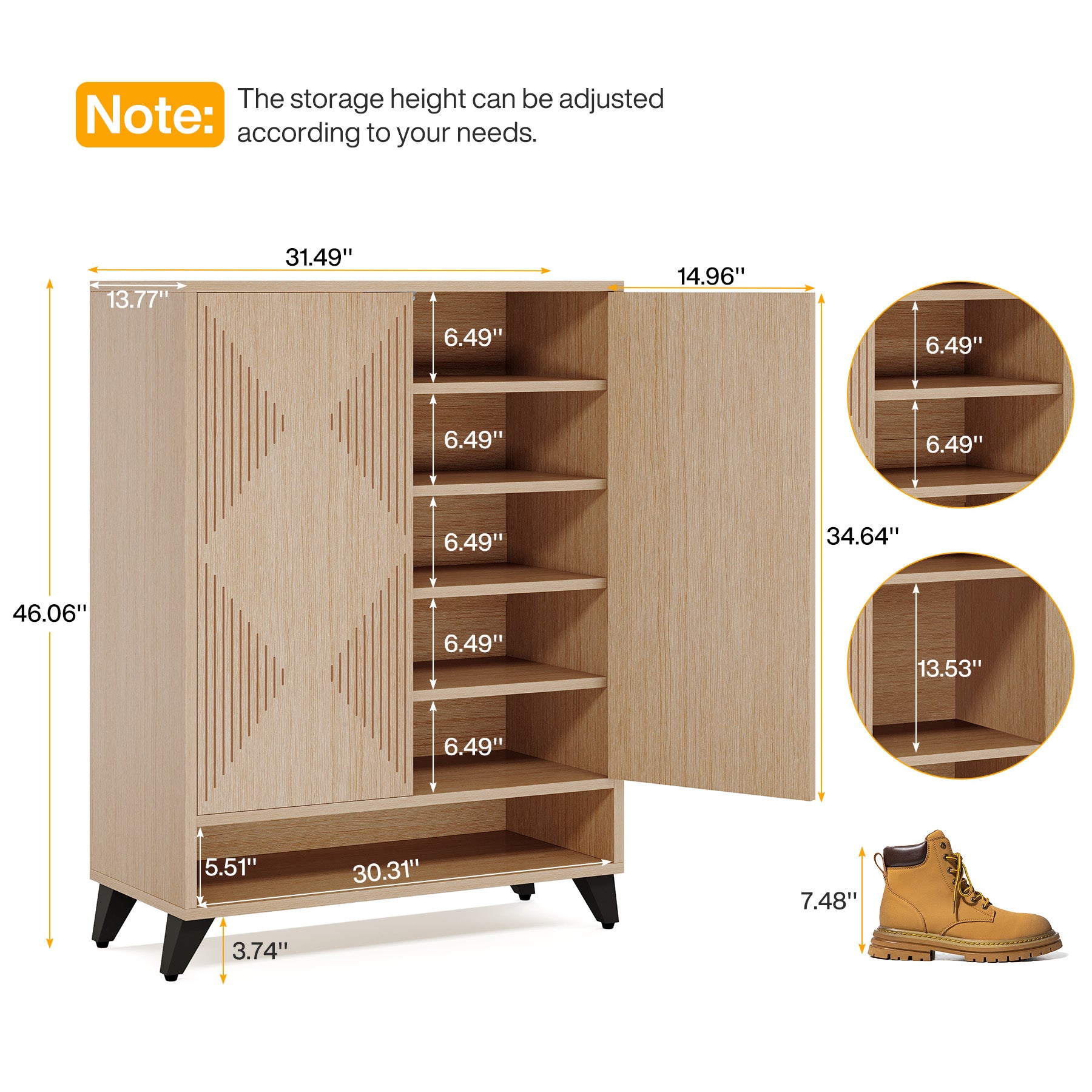 Wood Shoe Cabinet, 6-Tier Shoe Organizer Storage Cabinet with Adjustable Shelves