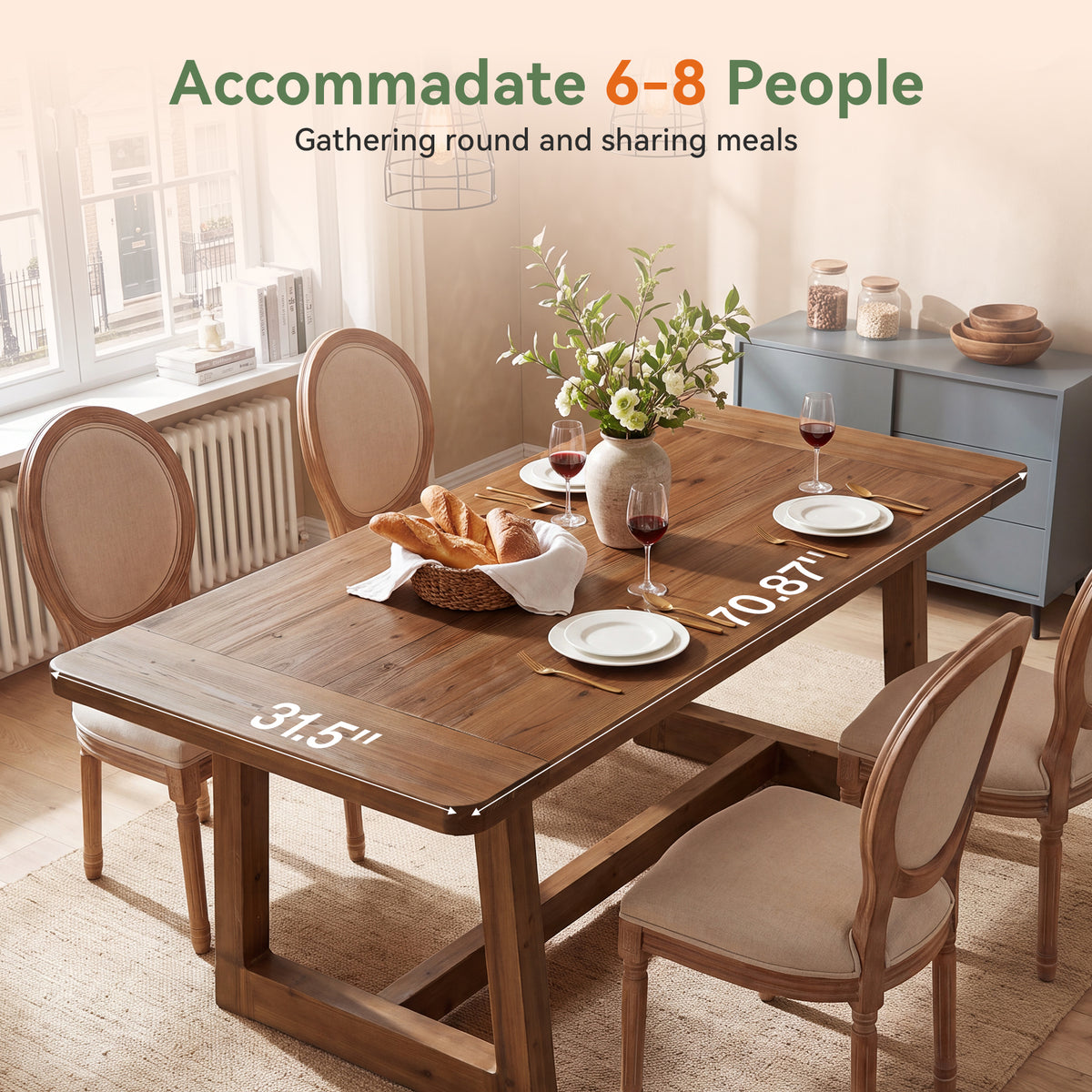 71" Solid Wood Dining Table for 6-8, Farmhouse Kitchen Table with Thickened Tabletop