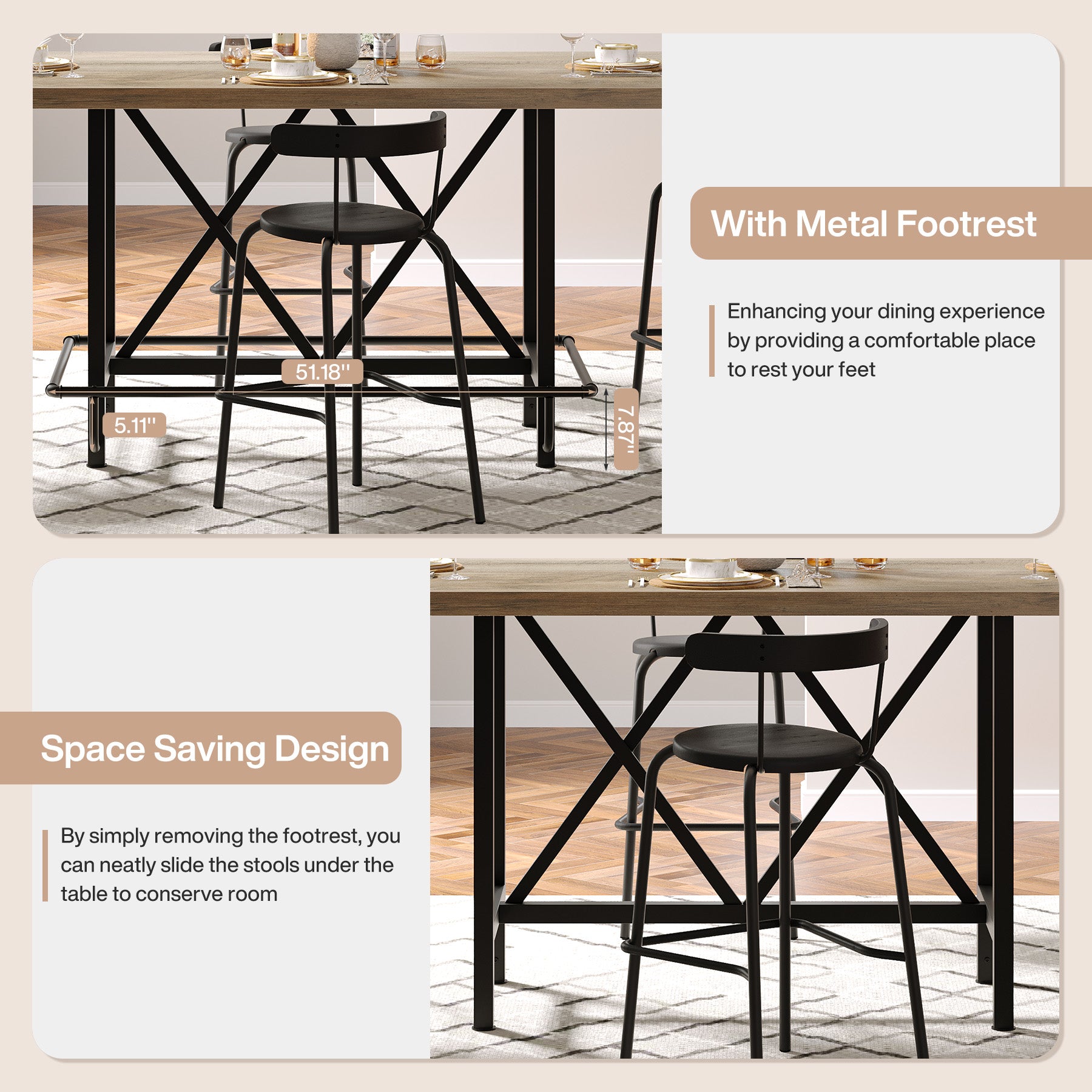 63" Rectangular Dining Table for 6, Counter-Height Kitchen Table with Metal Legs
