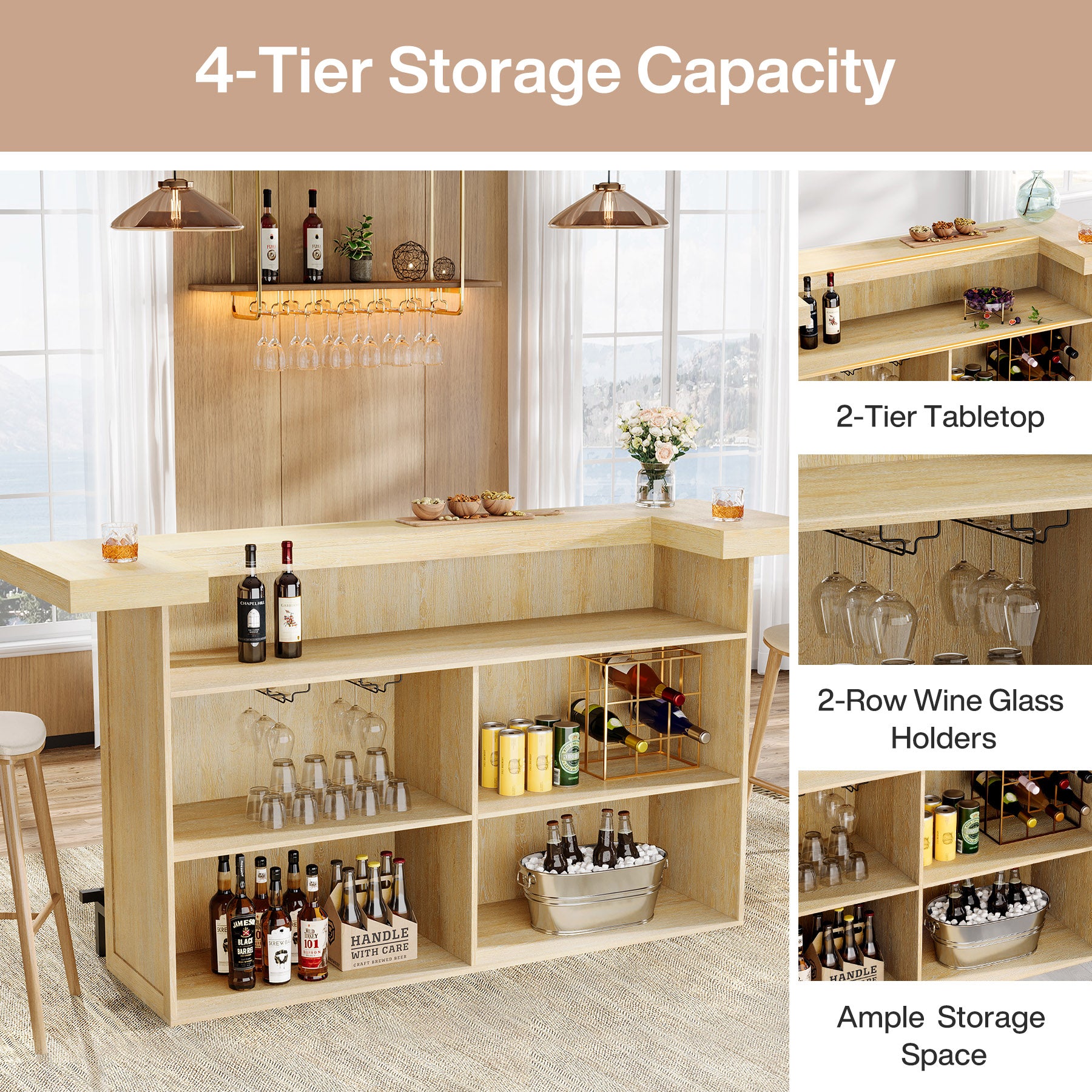 70.9" Bar Table, Modern Liquor Cabinet with 4-Tier Storage Shelves