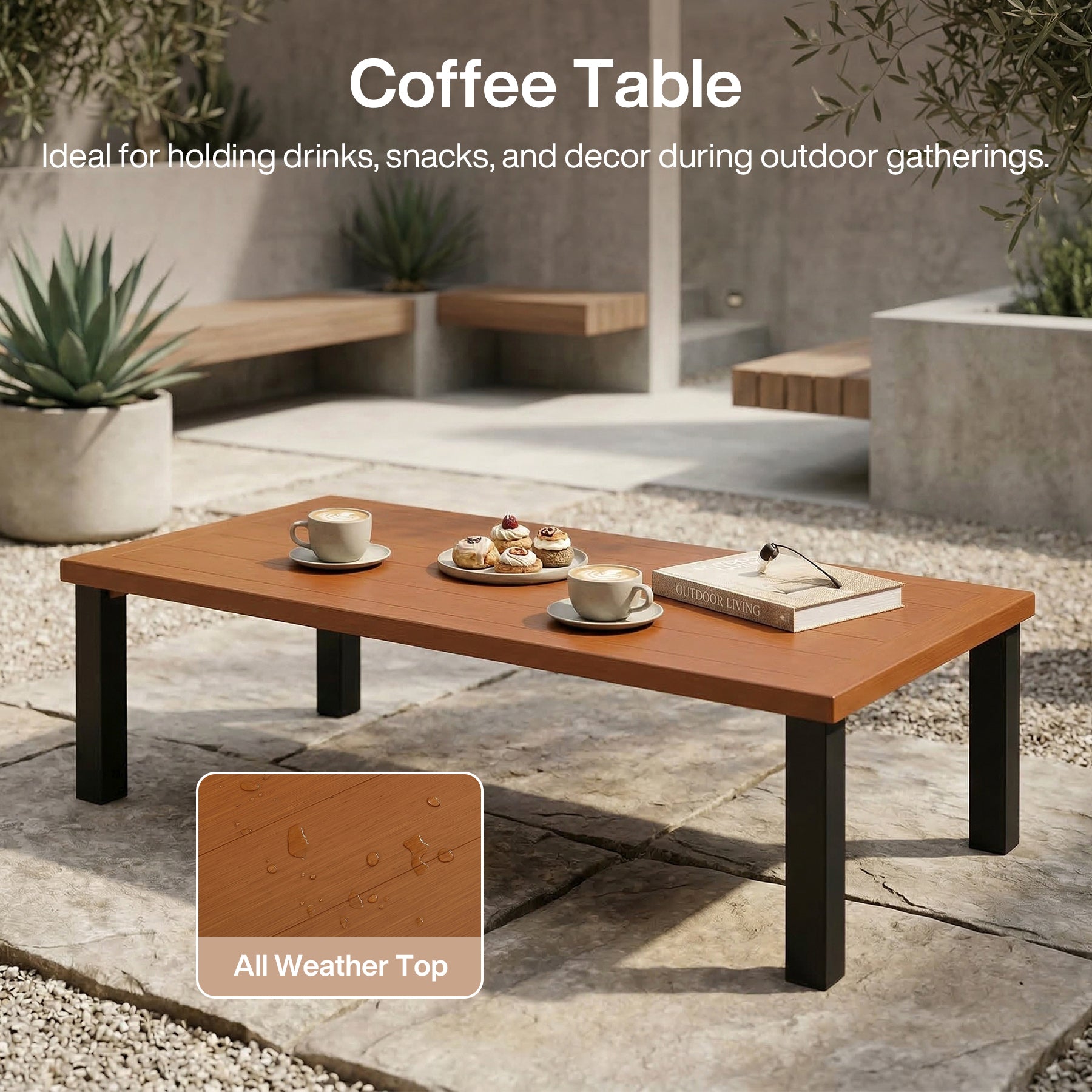Rectangular Outdoor Coffee Table, 47" Patio Tea Table with Aluminum Frame