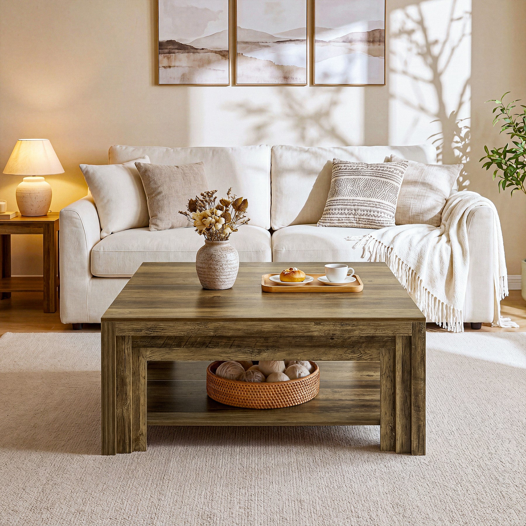 Farmhouse Square Coffee Table with Shelf