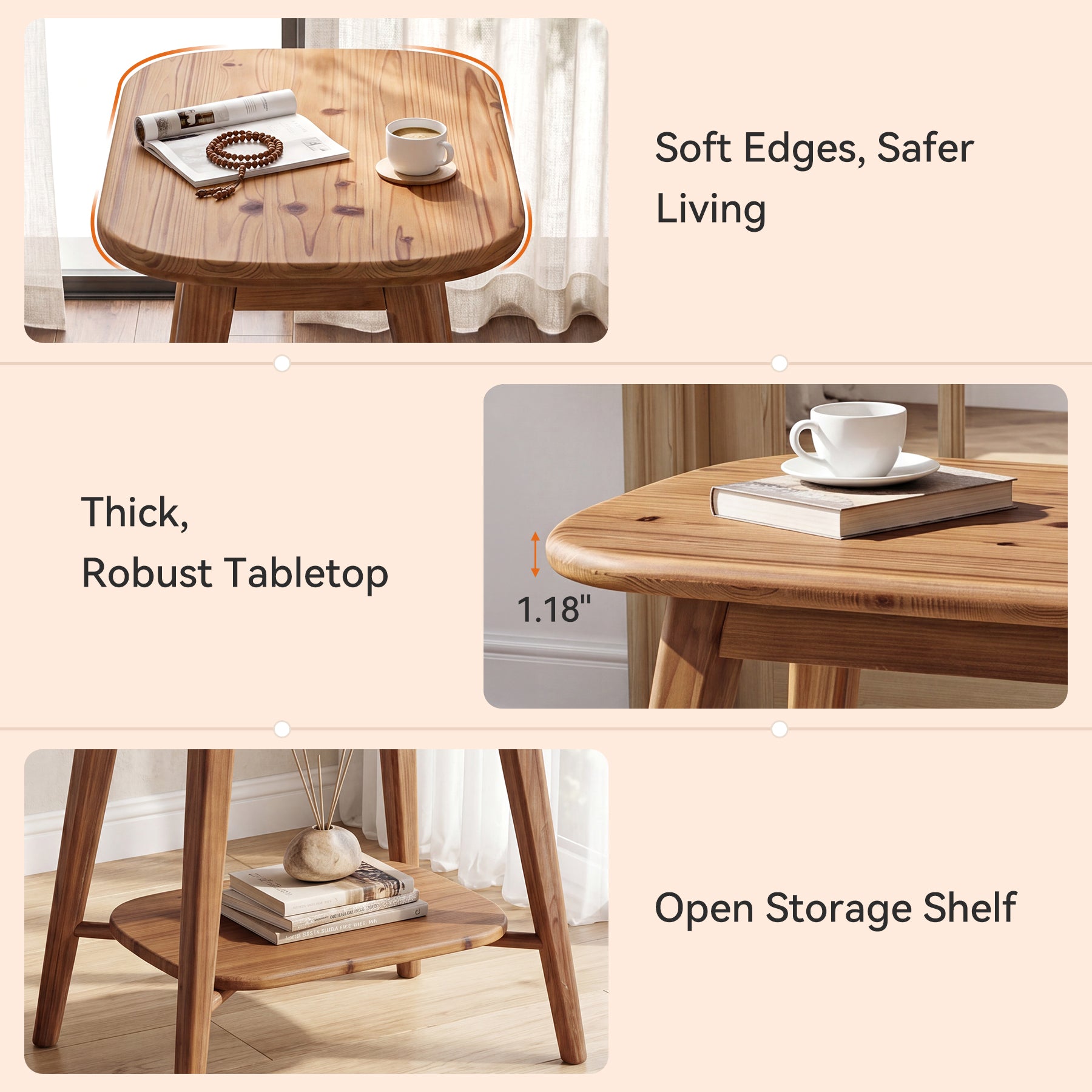 2-Tier Solid Wood End Table, Farmhouse Side Table with Rounded Corners for Small Spaces