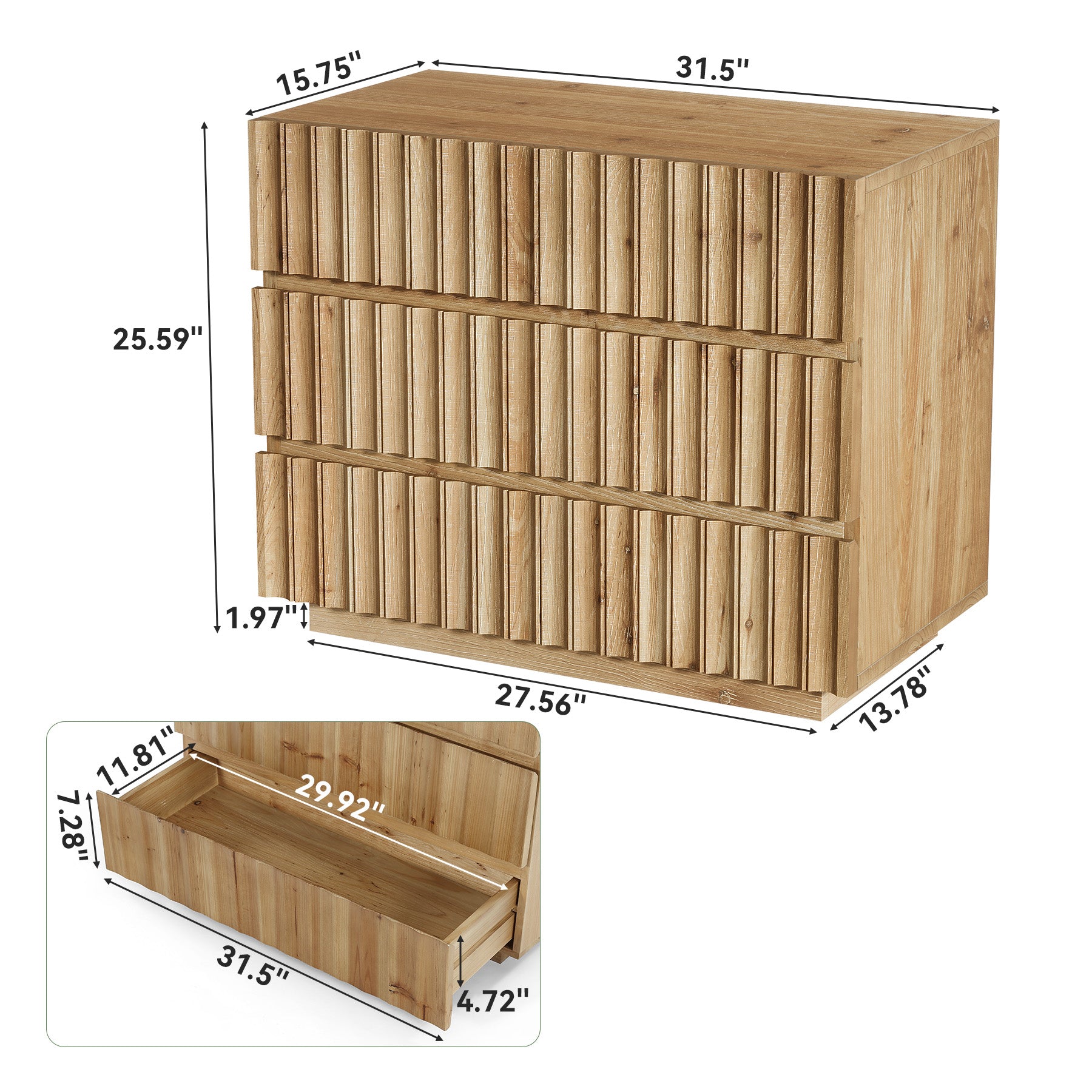 Oversized Solid Wood Nightstand, 31.5" Bedside Table with 3 Drawers