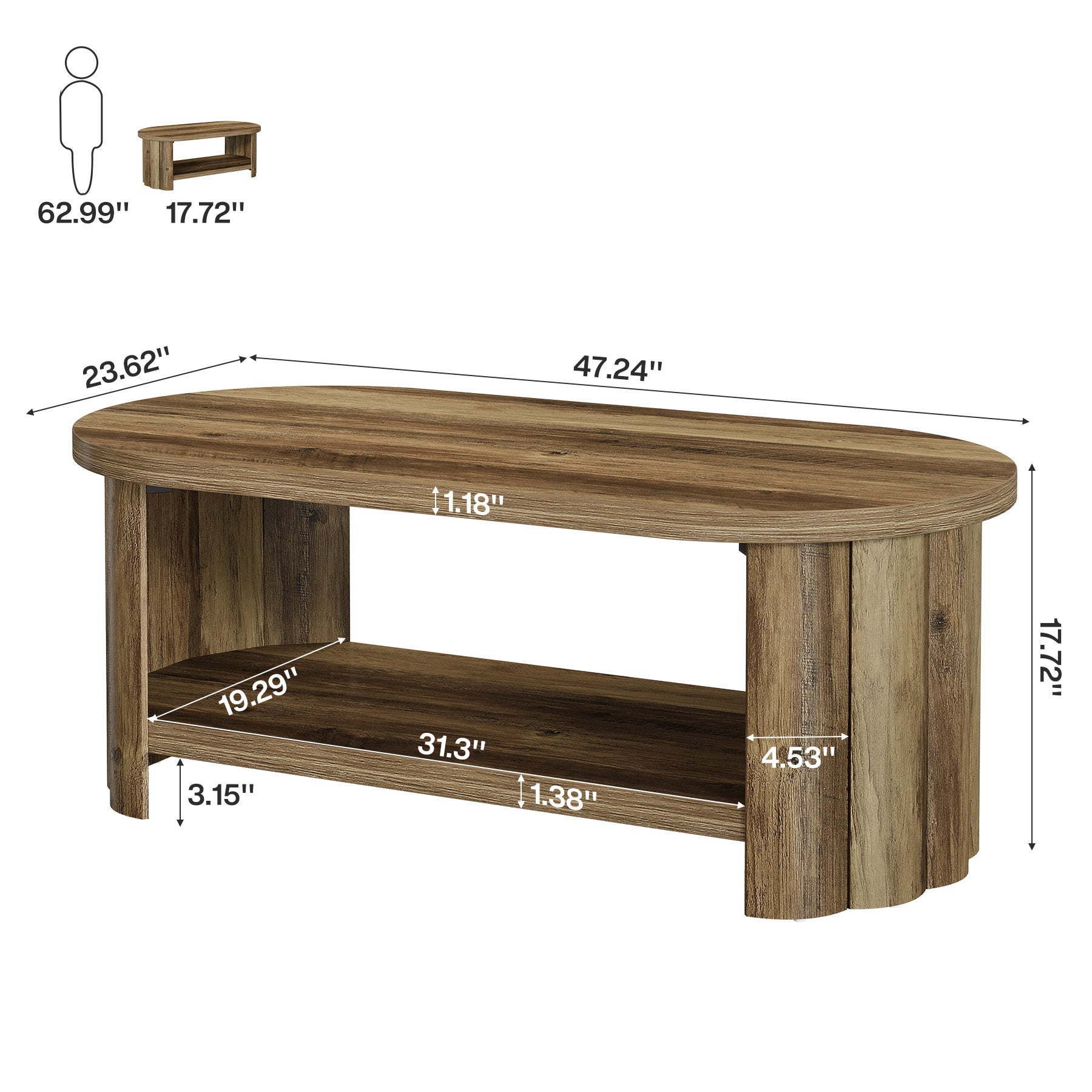 47.24" Oval Coffee Table, 2-Tier Accent Center Table with Storage Shelf for Living Room
