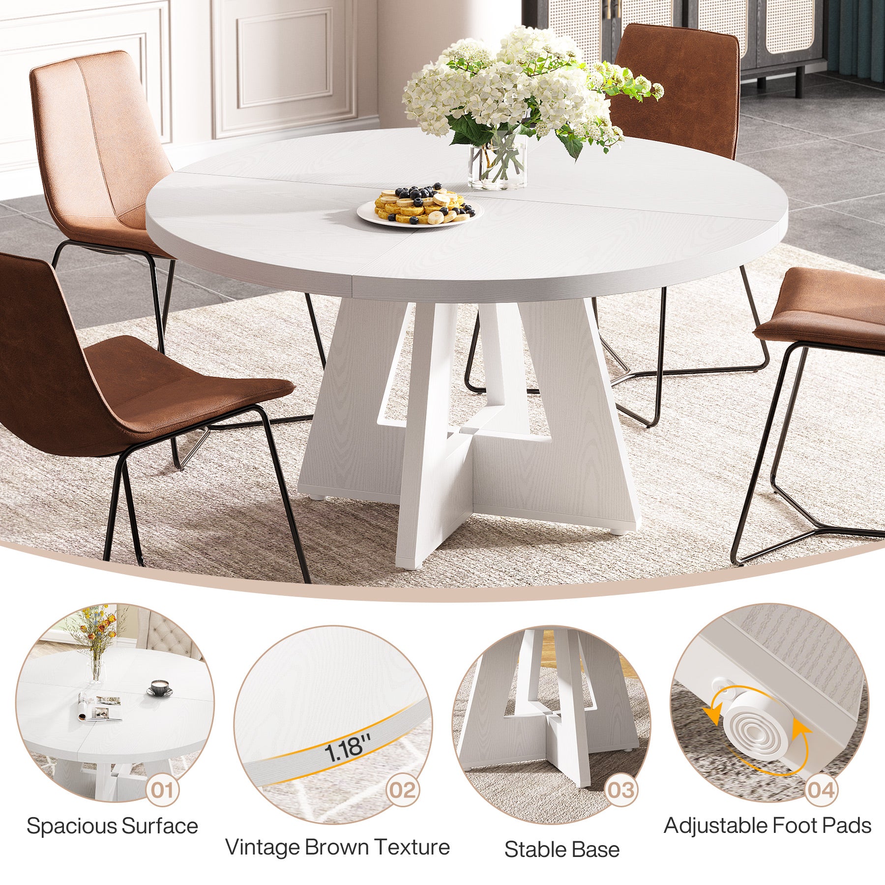 47" Round Farmhouse Dining Table for 4 People, Rustic Dining Room Table