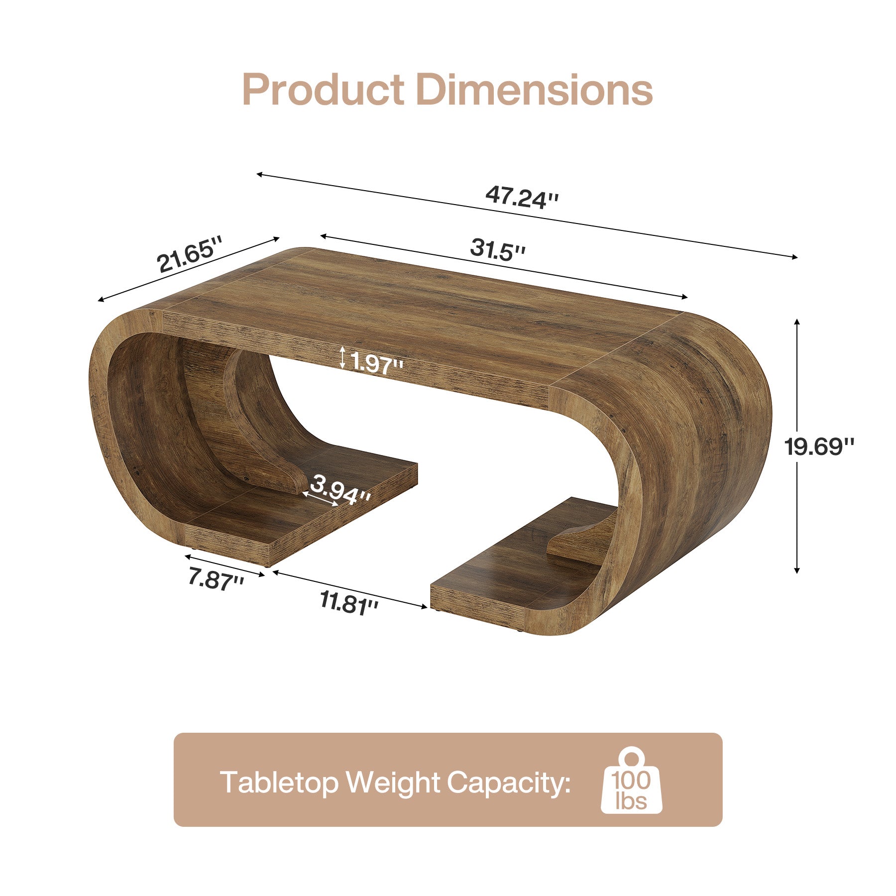 Farmhouse Coffee Table, 47" C - Shaped Center Table with Curved Base Tribesigns