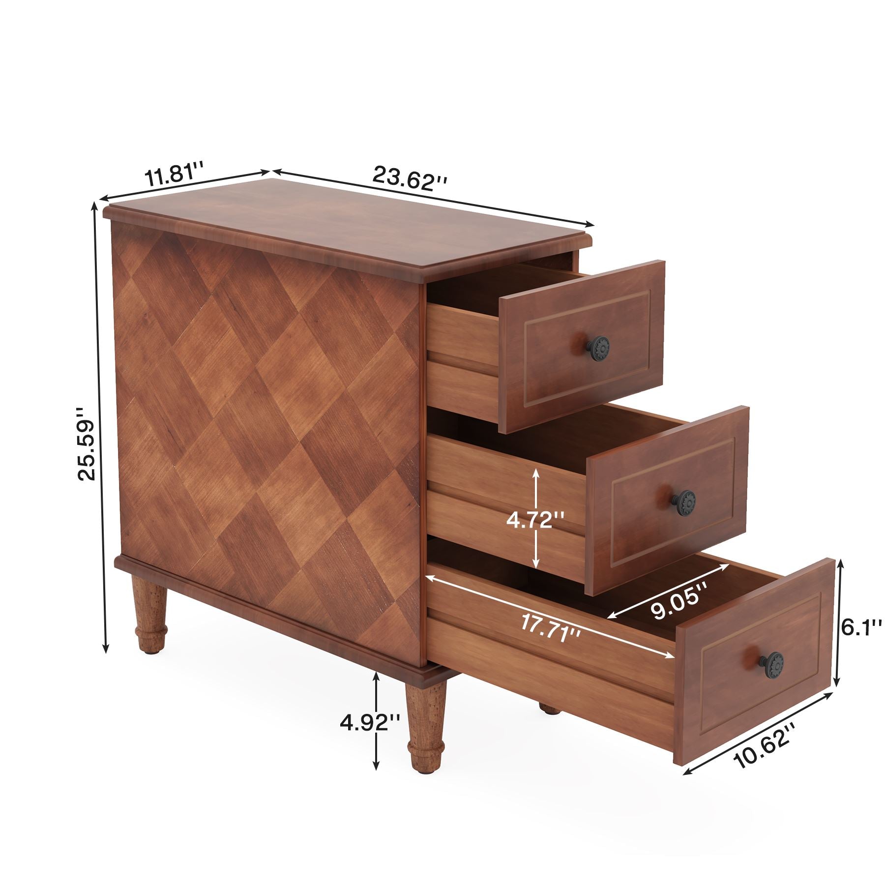 Wood Nightstand, Fully Assembled Narrow Side Table with 3 Drawers Tribesigns