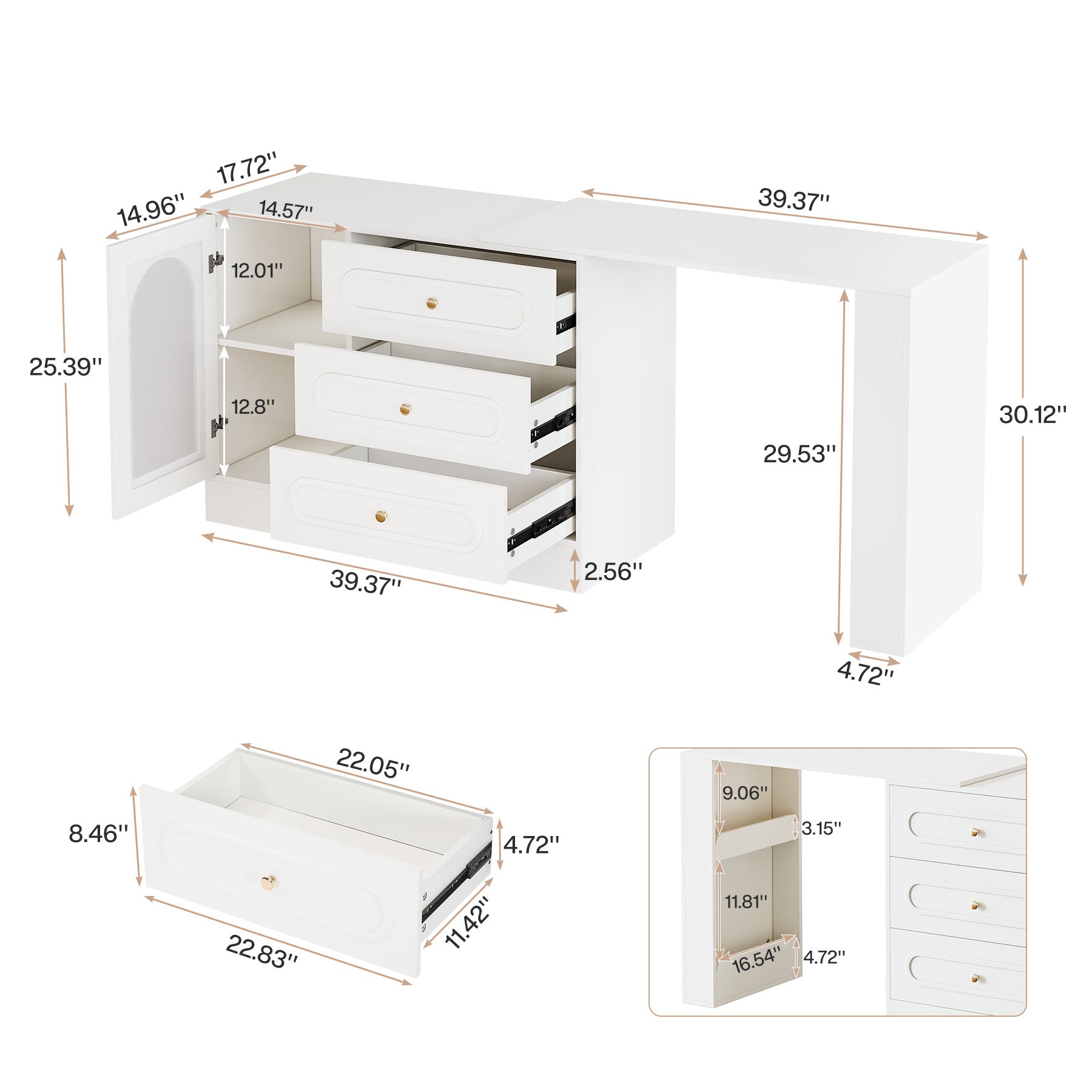 Makeup Desk, 360° Rotatable Vanity Desk with 3 Drawers(Without Mirror)