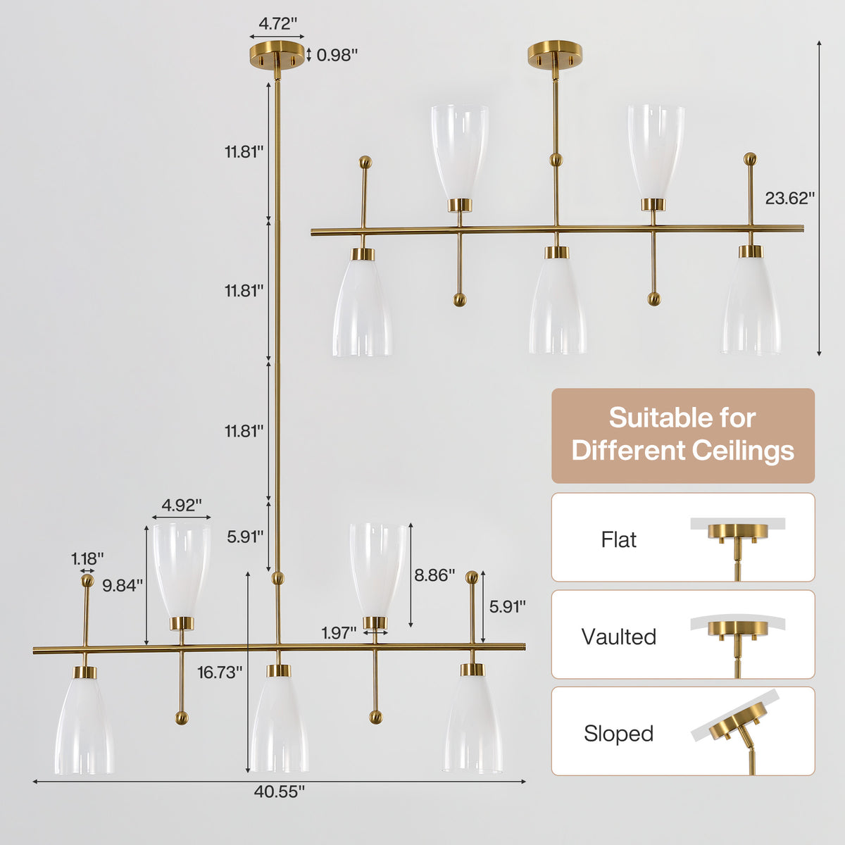 5-Light Modern Linear Chandelier, Kitchen Island Pendant Light with Gradient Frosted Glass Shades(E12 Bulbs Not Included)