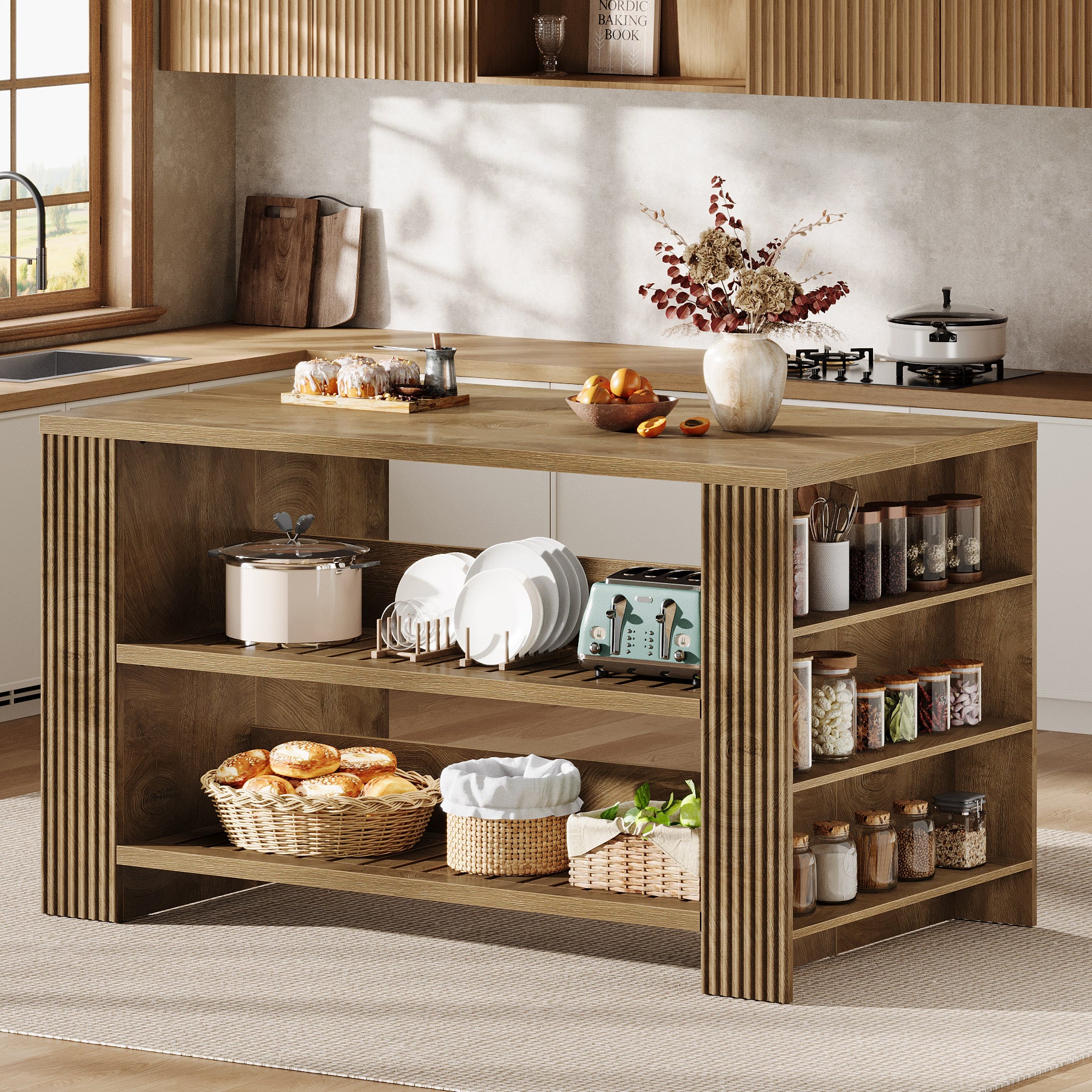 59" Kitchen Island, Large Storage Islands Coffee Unit with Shelves