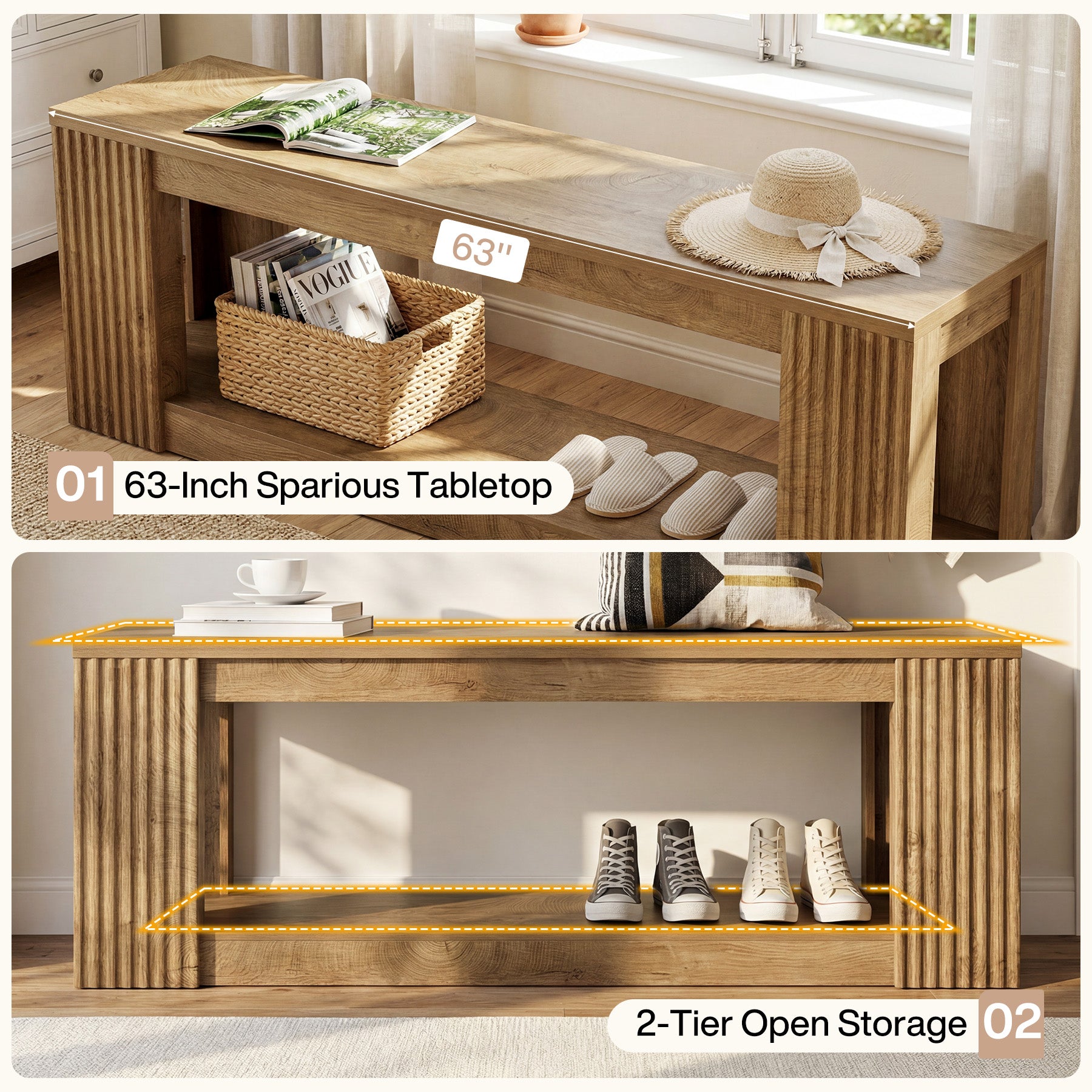 63" Entryway Bench, 2-Tier Shoe Bench End of Bed Seat for Hallway, Bedroom