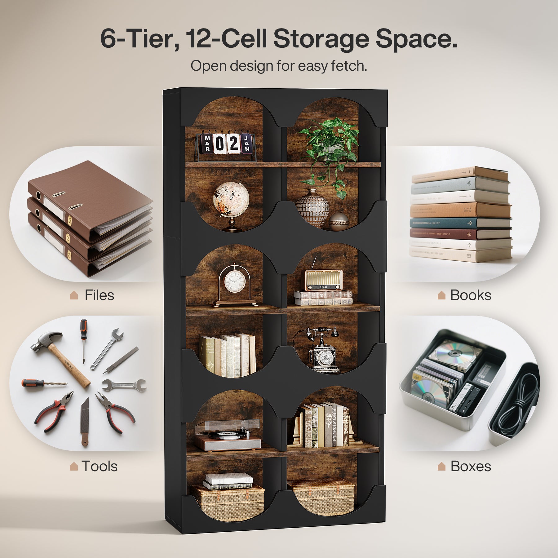 70.8" Bookshelf, 6-Tier Freestanding Bookcase with Half Round Edges