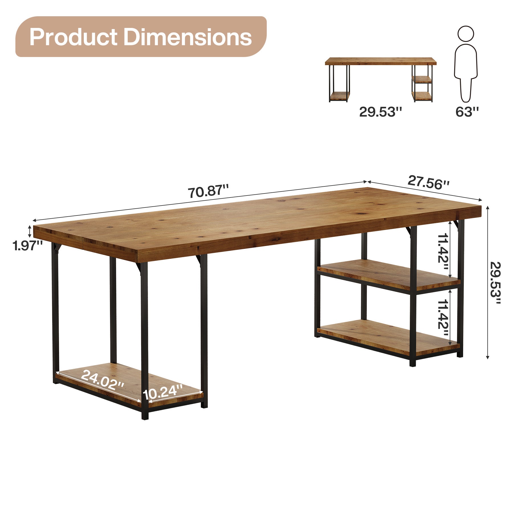 Solid Wood Computer Desk , 71" Home Office Desk with Shelves