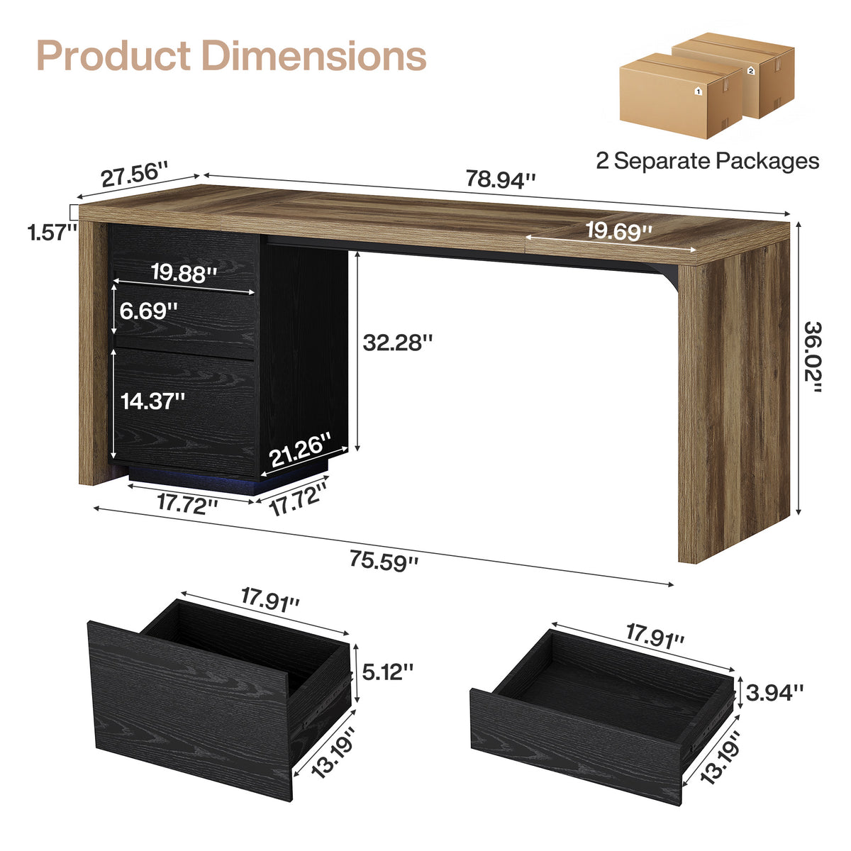 79" Modern Executive Desk with 3 Drawers & RGB Lights, Double Computer Desk