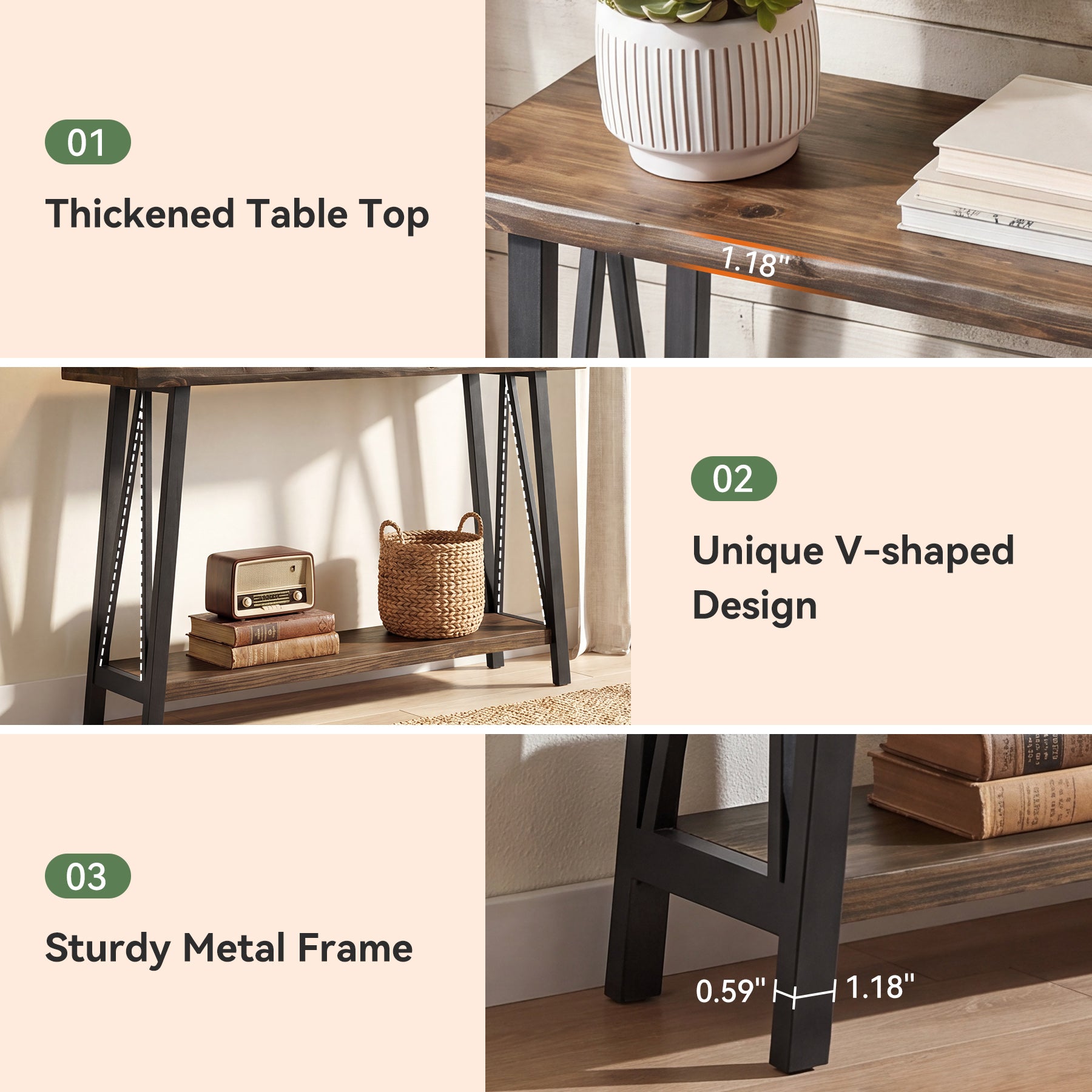 41.3" Live-Edge Solid Wood Console Table, 2-Tier Entryway Table with Metal Frame