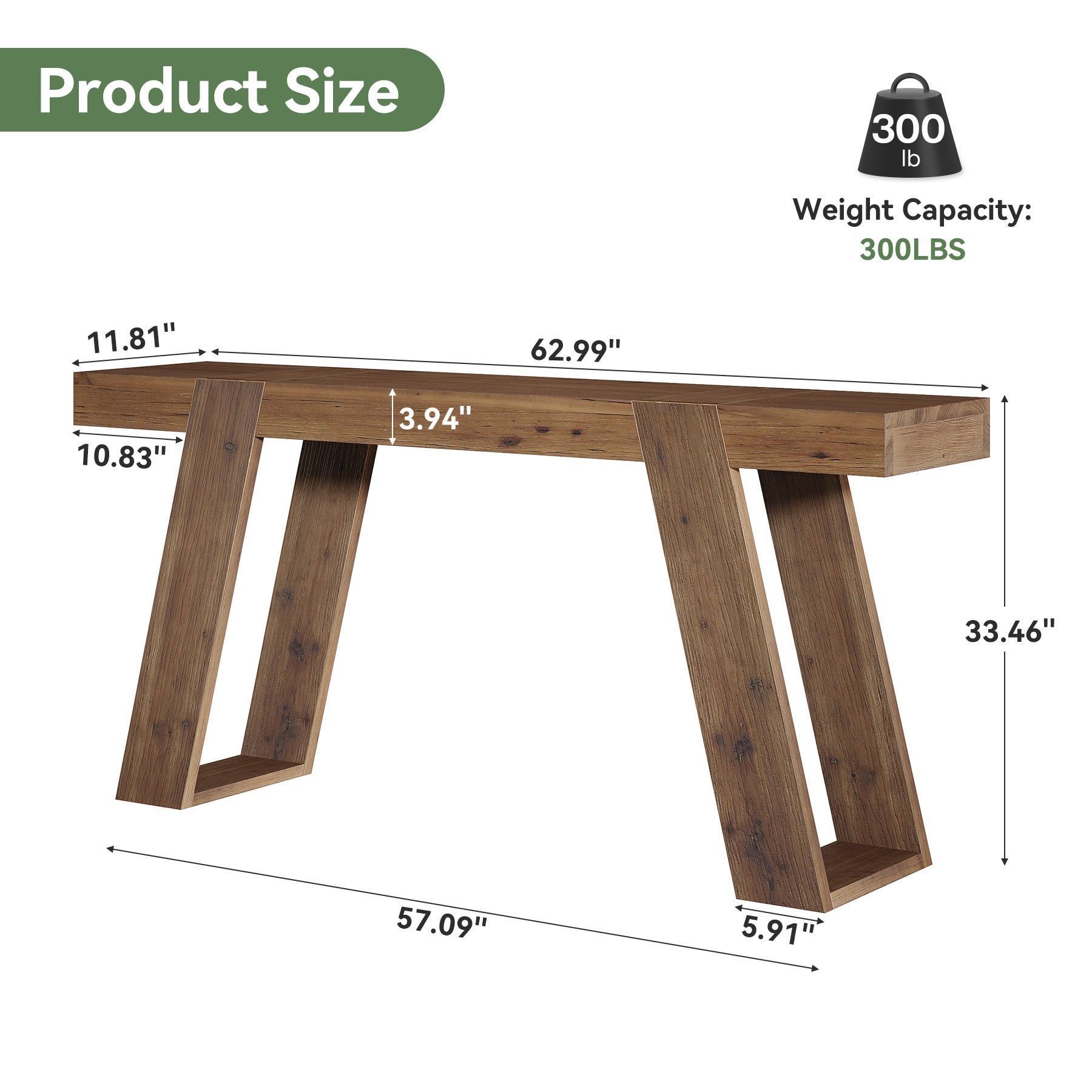 Solid Wood Console Table, 63" Narrow Sofa Table Behind Couch