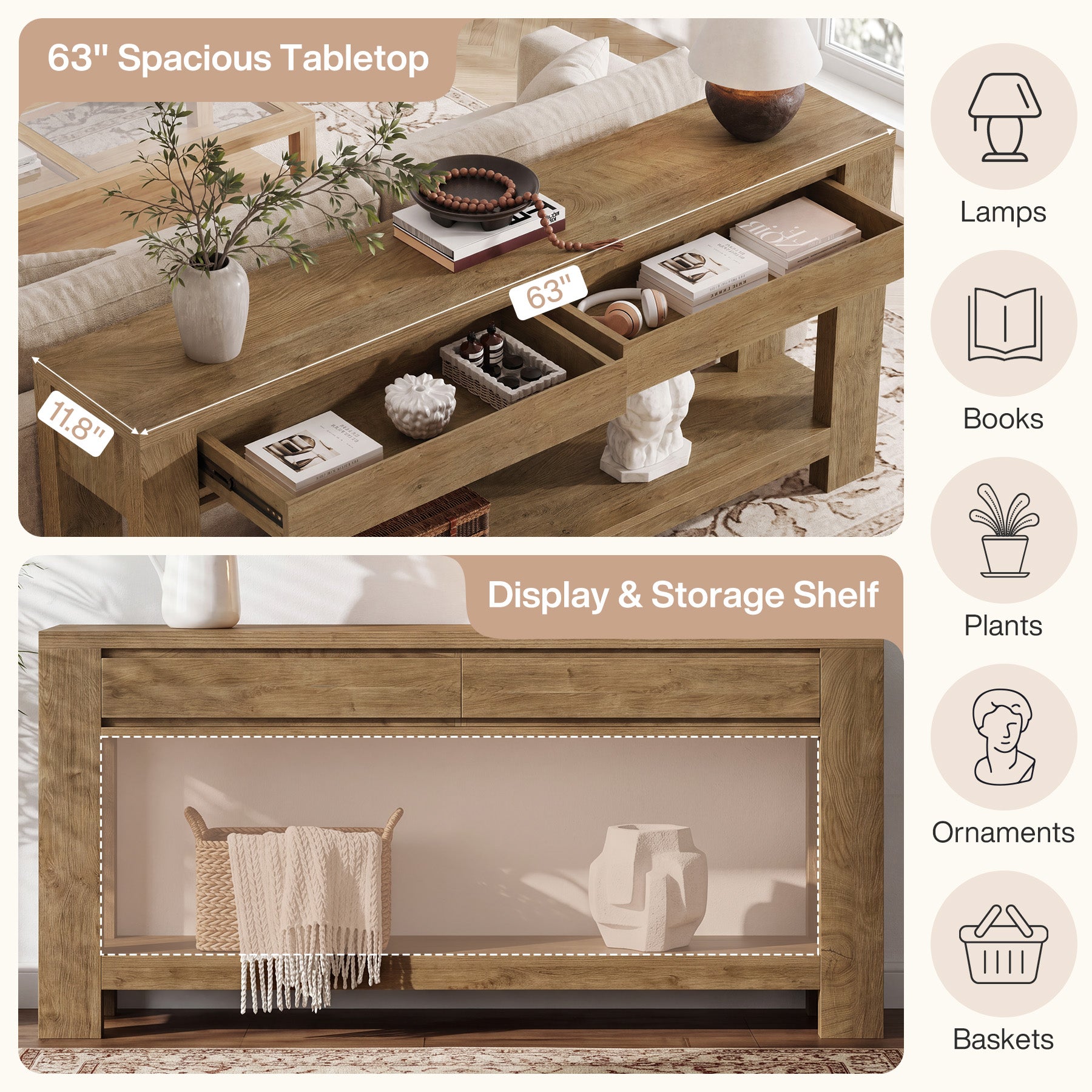 63" Console Table with 2 Storage Drawers, Farmhouse Entryway Table with Open Shelf