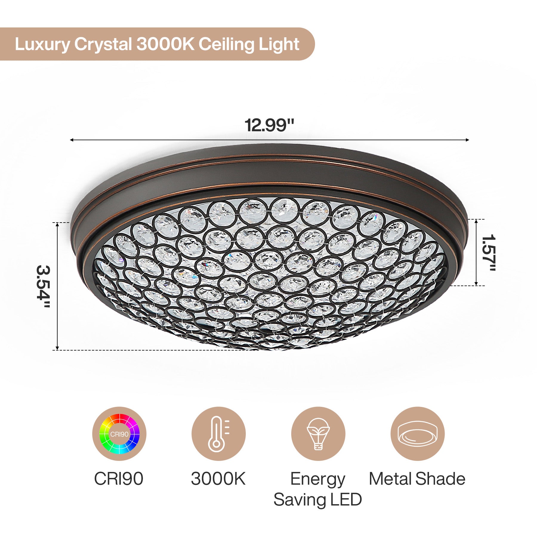13" Ceiling Light Fixture, LED Flush Mount Ceiling Light with Modern Crystal
