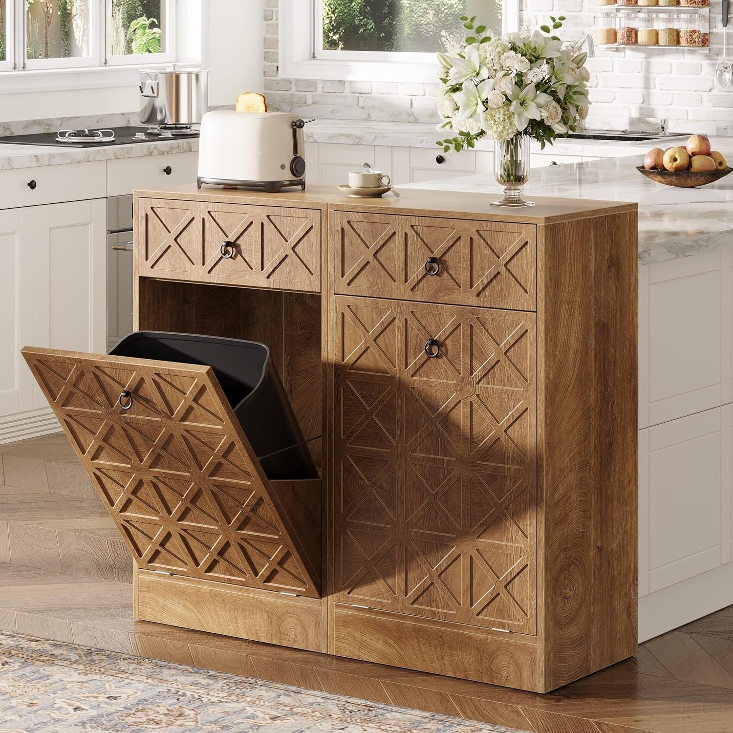 13 Gallons Tilt Out Trash Can, Hidden Garbage Cabinet with Drawer for Kitchen