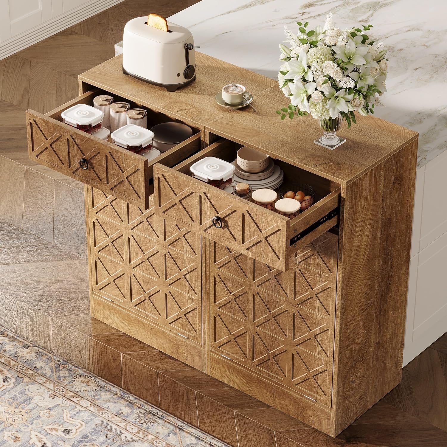 13 Gallons Tilt Out Trash Can, Hidden Garbage Cabinet with Drawer for Kitchen