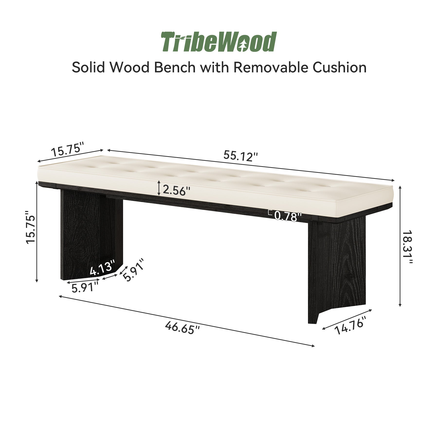 55" Solid Wood Dining Bench with Removable Cushion For Dining Room