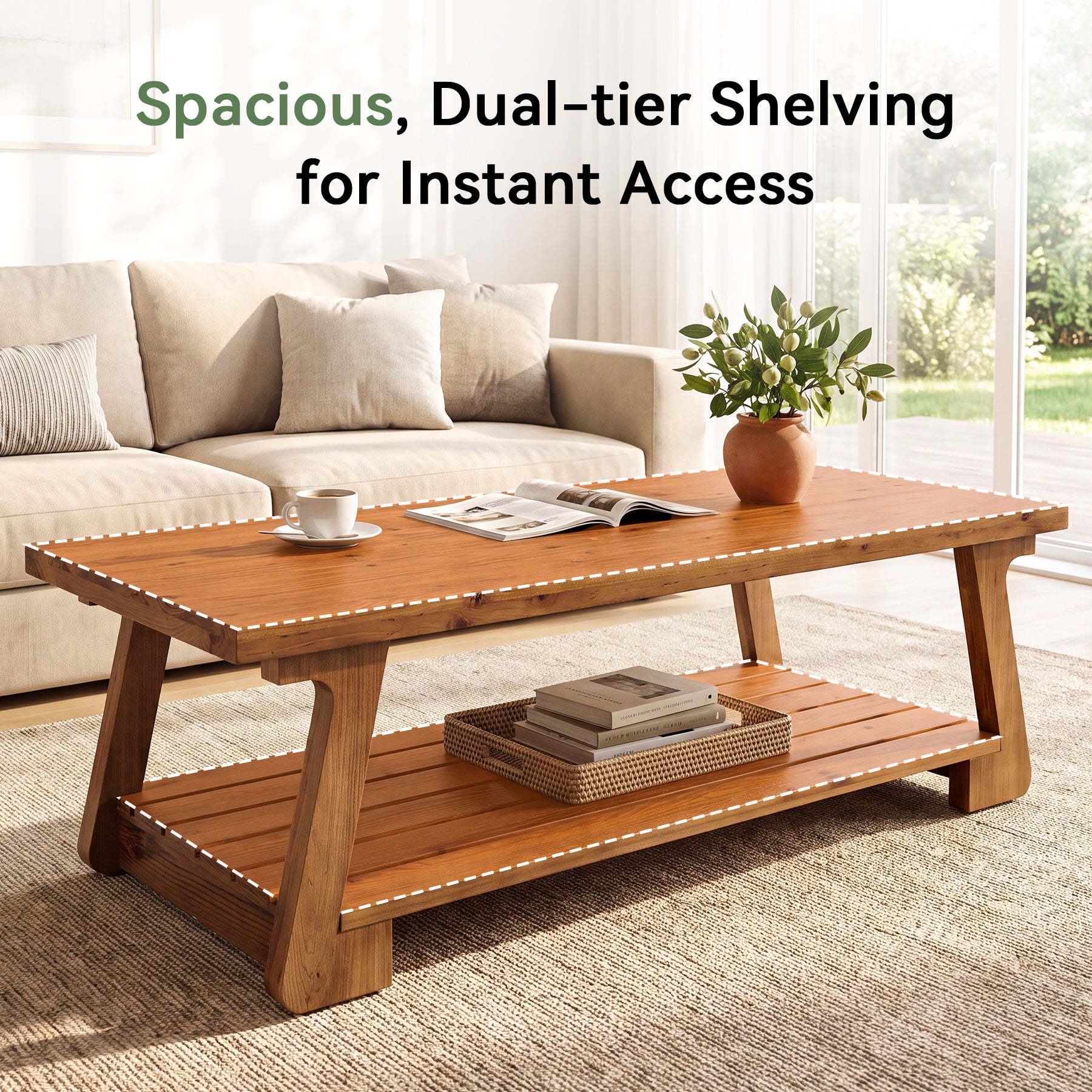 55" Solid Wood Coffee Table, 2-Tier Center Tea Table with Storage Shelf for Living Room
