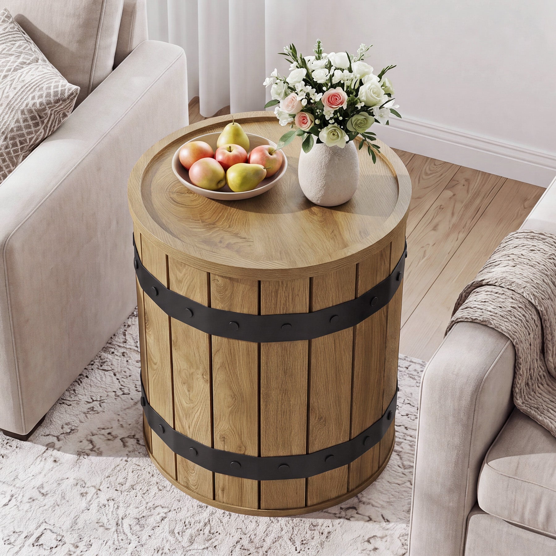 19.68" Barrel Side Table with Hidden Storage, Round Wood End Table with Lid for Living Room and Bedroom