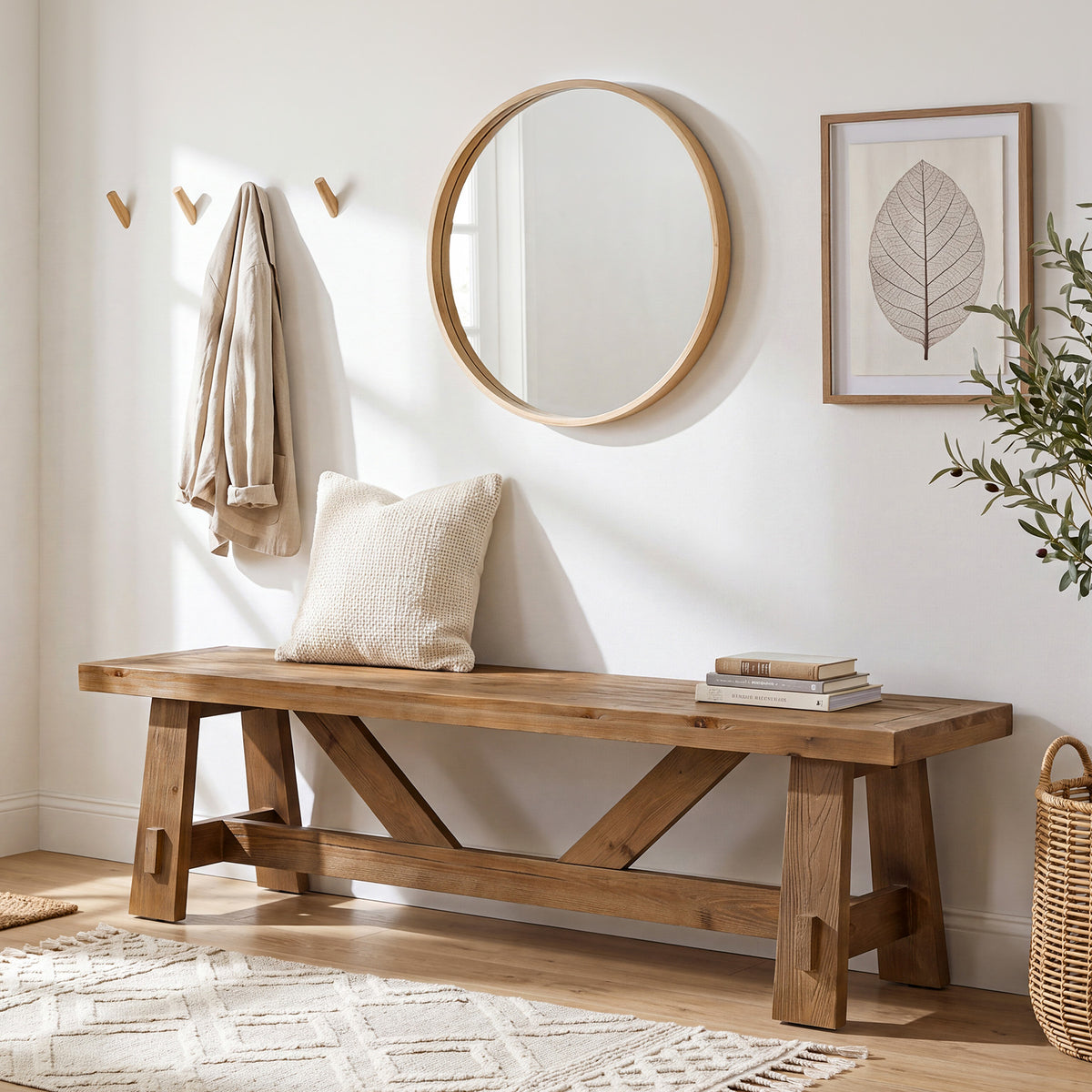 55" Solid Wood Entryway Bench, Farmhouse End of Bed Bench For Hallway, Bedroom