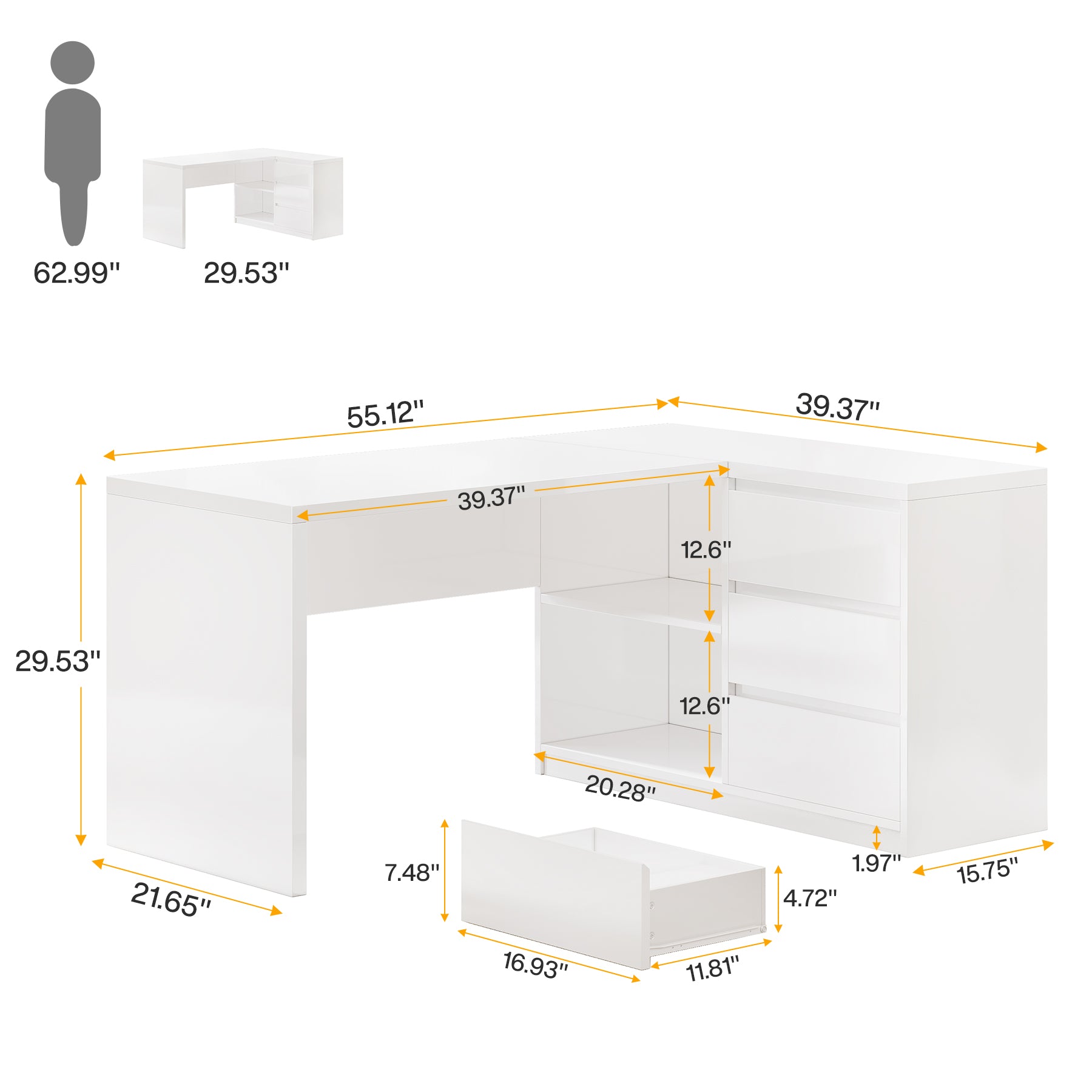 55" L-Shaped Desk with LED Lights, Executive Computer Desk with 3 Drawers