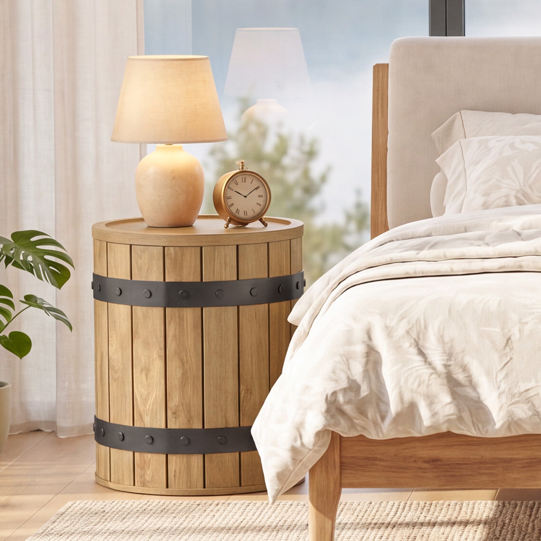 19.68" Barrel Side Table with Hidden Storage, Round Wood End Table with Lid for Living Room and Bedroom