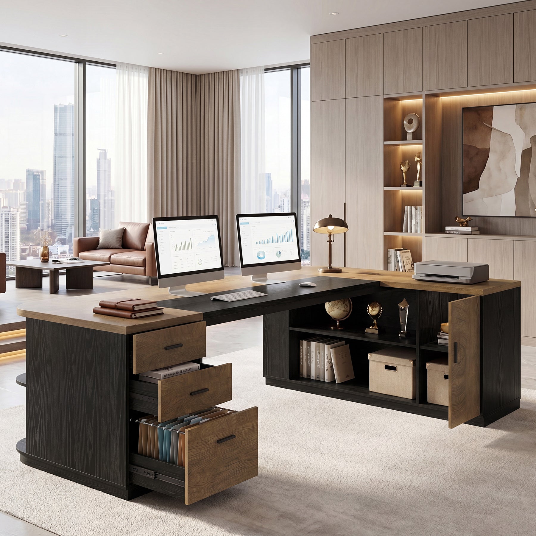 86.6" L-Shaped Executive Desk, Large Computer Desk with Drawers & 55" File Cabinet
