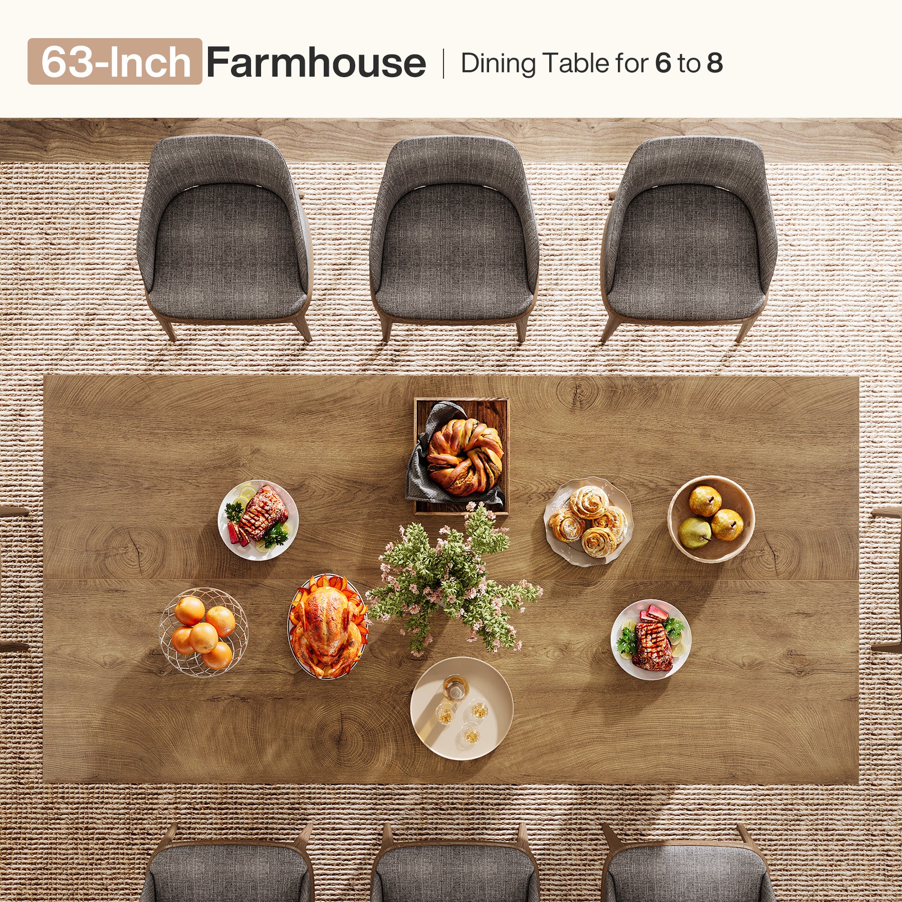 Rectangle Dining Table for 6-8, 63" Kitchen Table with Geometric Frame