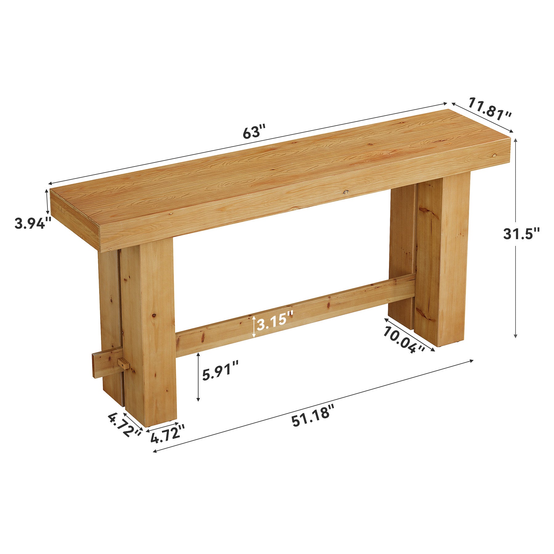 Solid Wood Console Table, 63" Sofa Entryway Table with Stable Leg