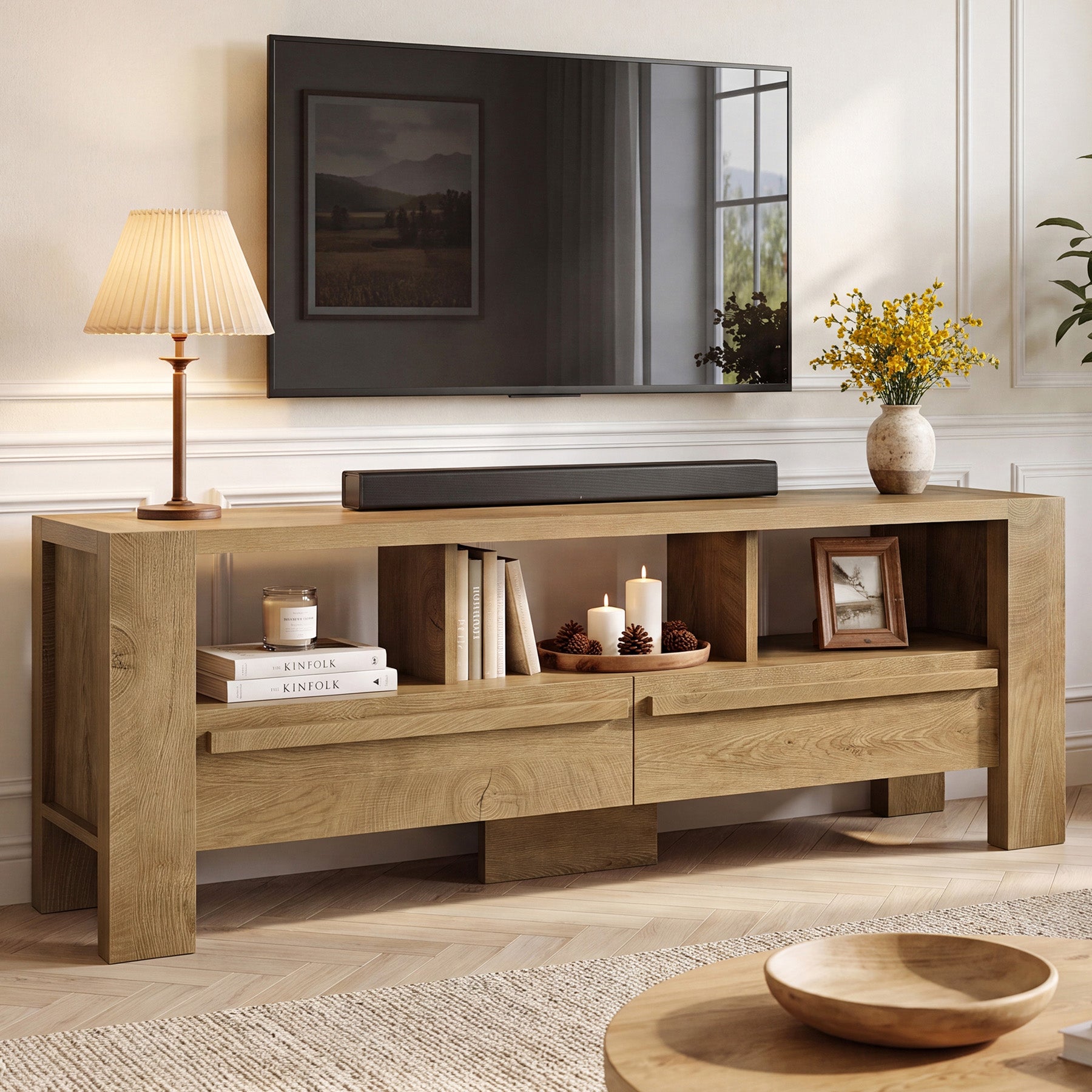 63" TV Stand for 75" TVs, Entertainment Media Console with 2 Drawers and Open Shelves for Living Room