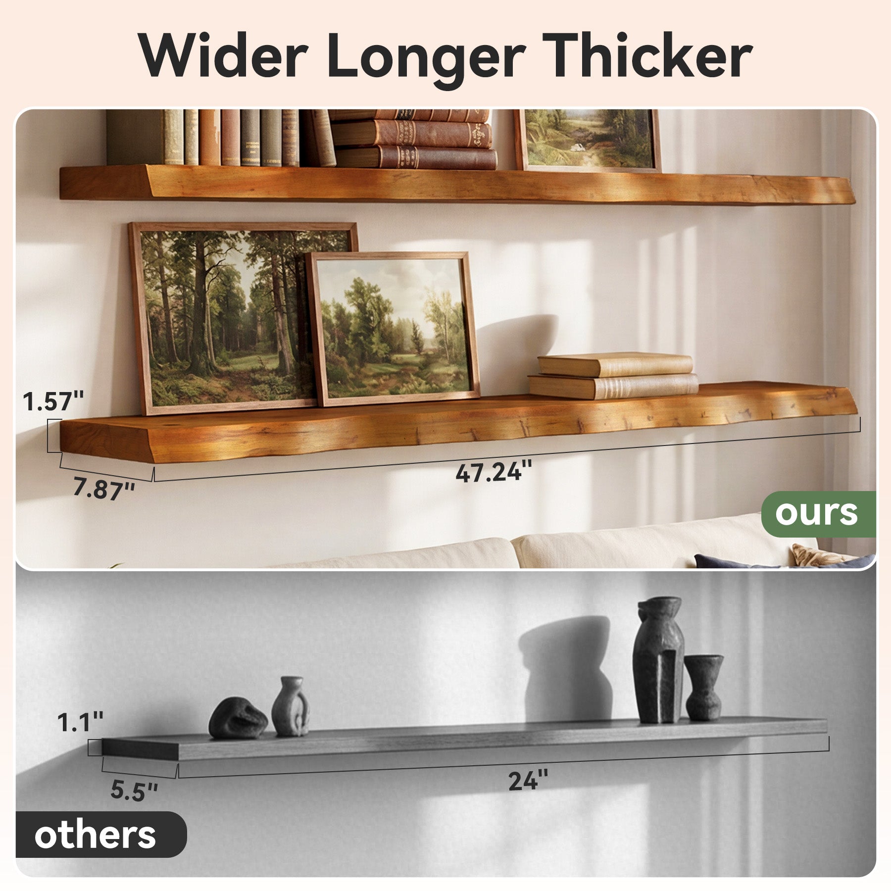 47.2" Floating Shelves for Wall Set of 3, Solid Wood Live Edge Wall Shelves