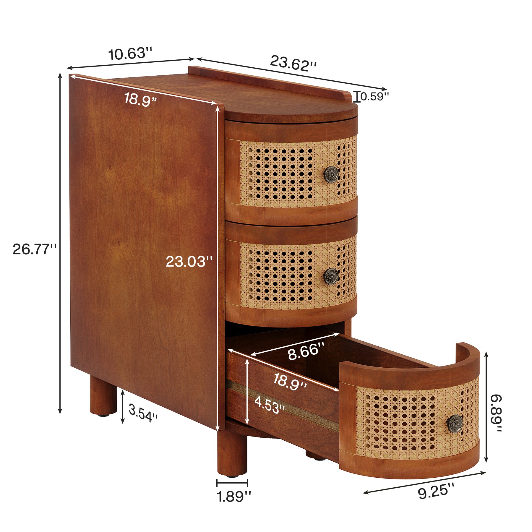 Wood End Table, 3-Drawer Side Table NightStand with 3 Rattan Drawers