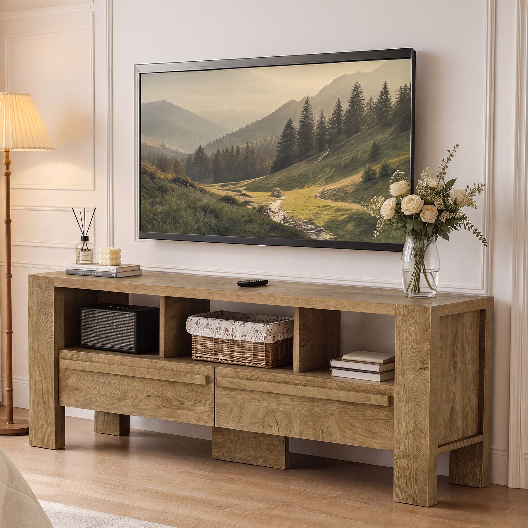 63" TV Stand for 75" TVs, Entertainment Media Console with 2 Drawers and Open Shelves for Living Room